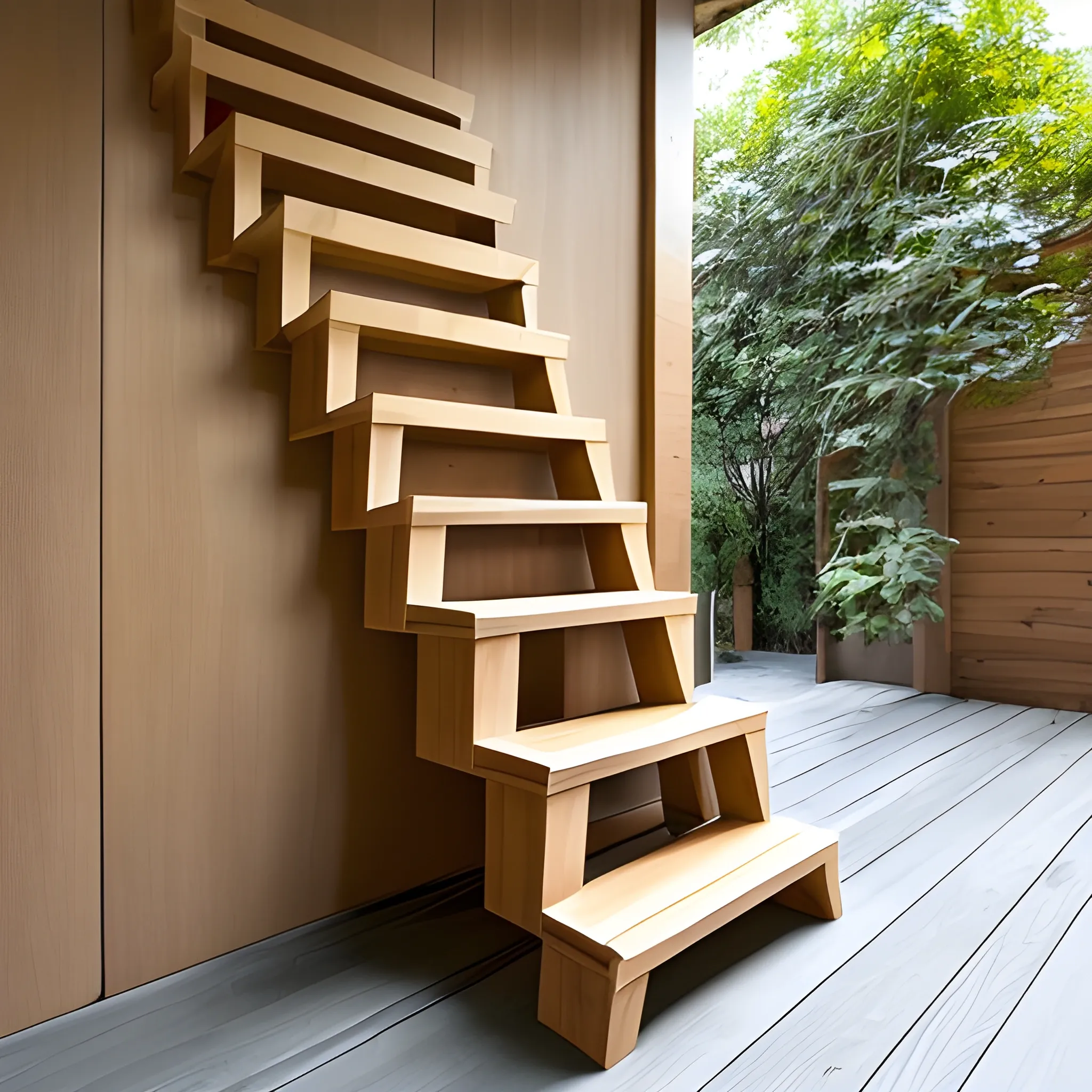 Mueble triangular de madera de tres alturas. Cada nivel, estará separado del otro, pero distante, imitando una escalera.
En un Jardín y con maceteros encima de él.