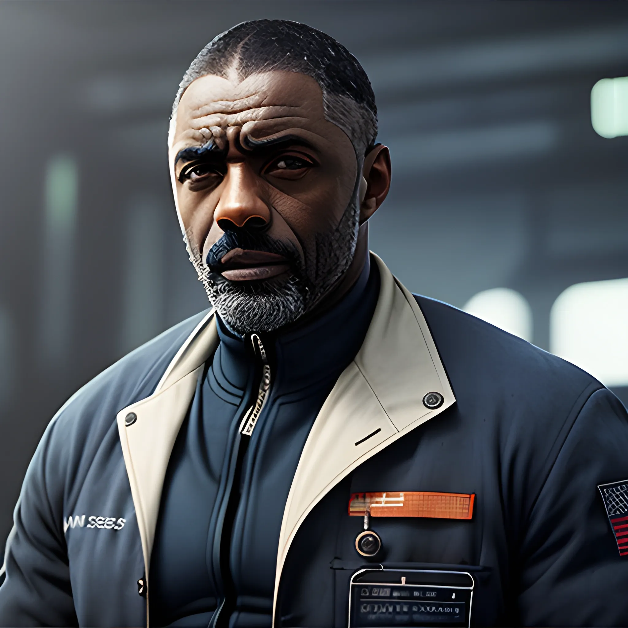 the expanse, scientist, idris elba, looking at handheld screen, white coat, middle distance, Oil Painting