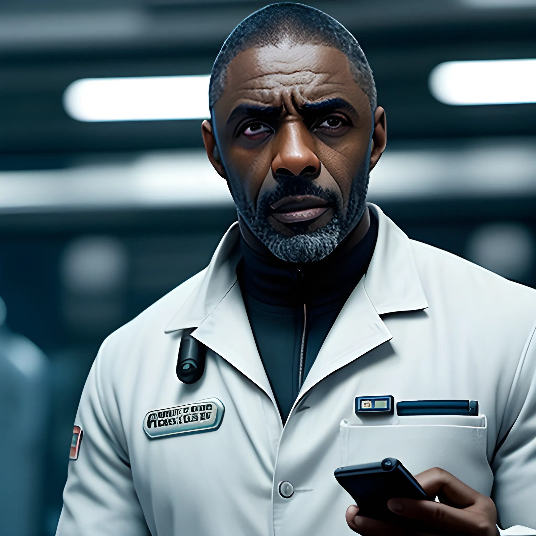 the expanse, scientist, idris elba, looking at handheld screen, white coat, middle distance, trippy