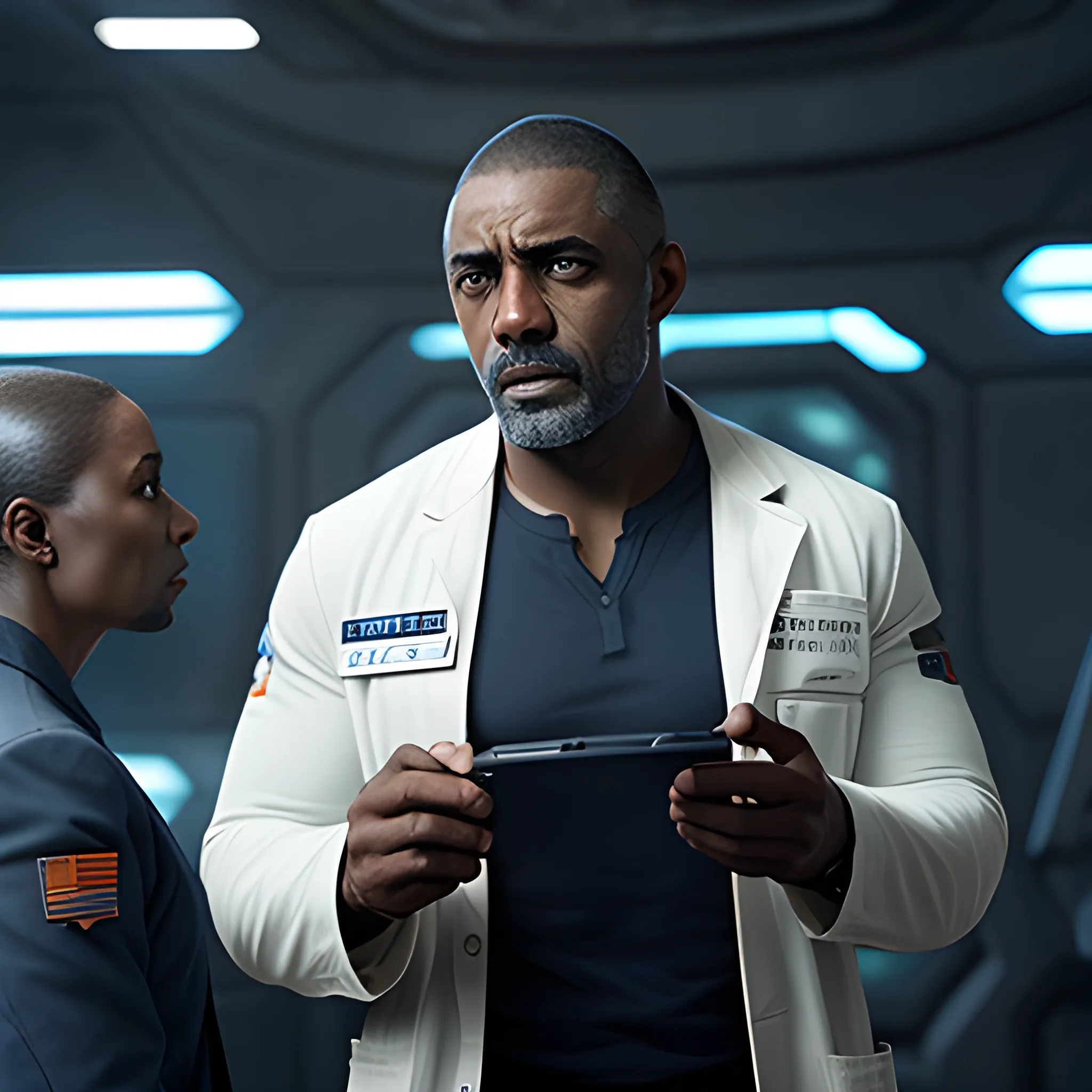 the expanse, scientist, idris elba, looking at handheld screen, white coat, middle distance, talking to colleagues