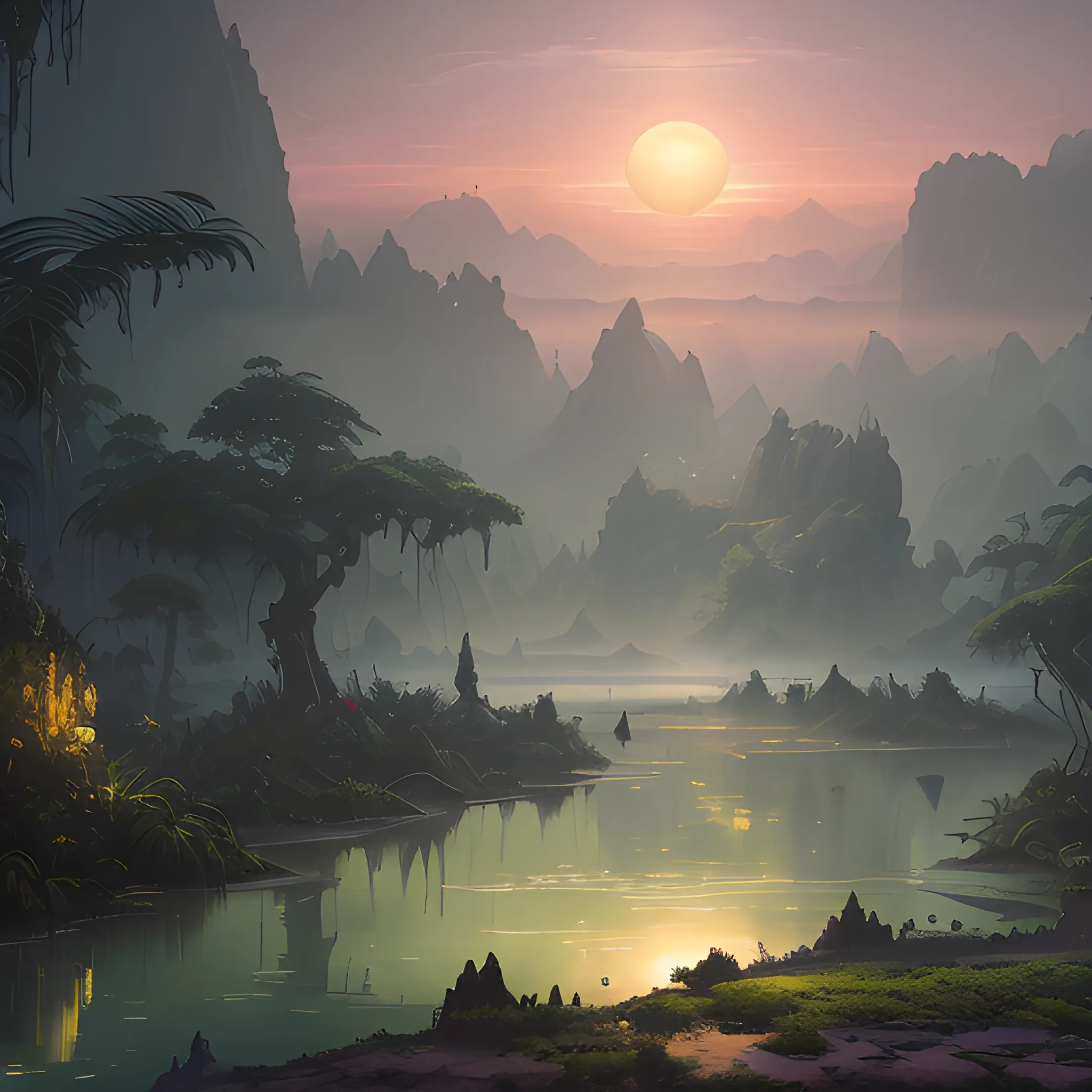 Aquatint of a landscape of a Sexy desktop wallpaper from inside of a Dagobah, at Sunset, Peaceful, Gadgetpunk, MOBA style, absurdres, highly detailed, art by Jonas De Ro, perfection, masterpiece, 8k, Water Color