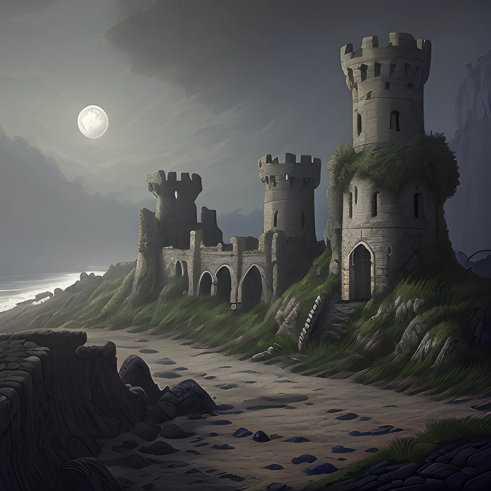 Dark ancient uninhabited crumbling medieval pillars and cobblestone ruined walls, on a cliffside above a beach, crumbling down into glistening shimmering sand under the moonlight, fantasy, landscape, Artstation, dark and moody lighting, digital art, Ghibli inspired

