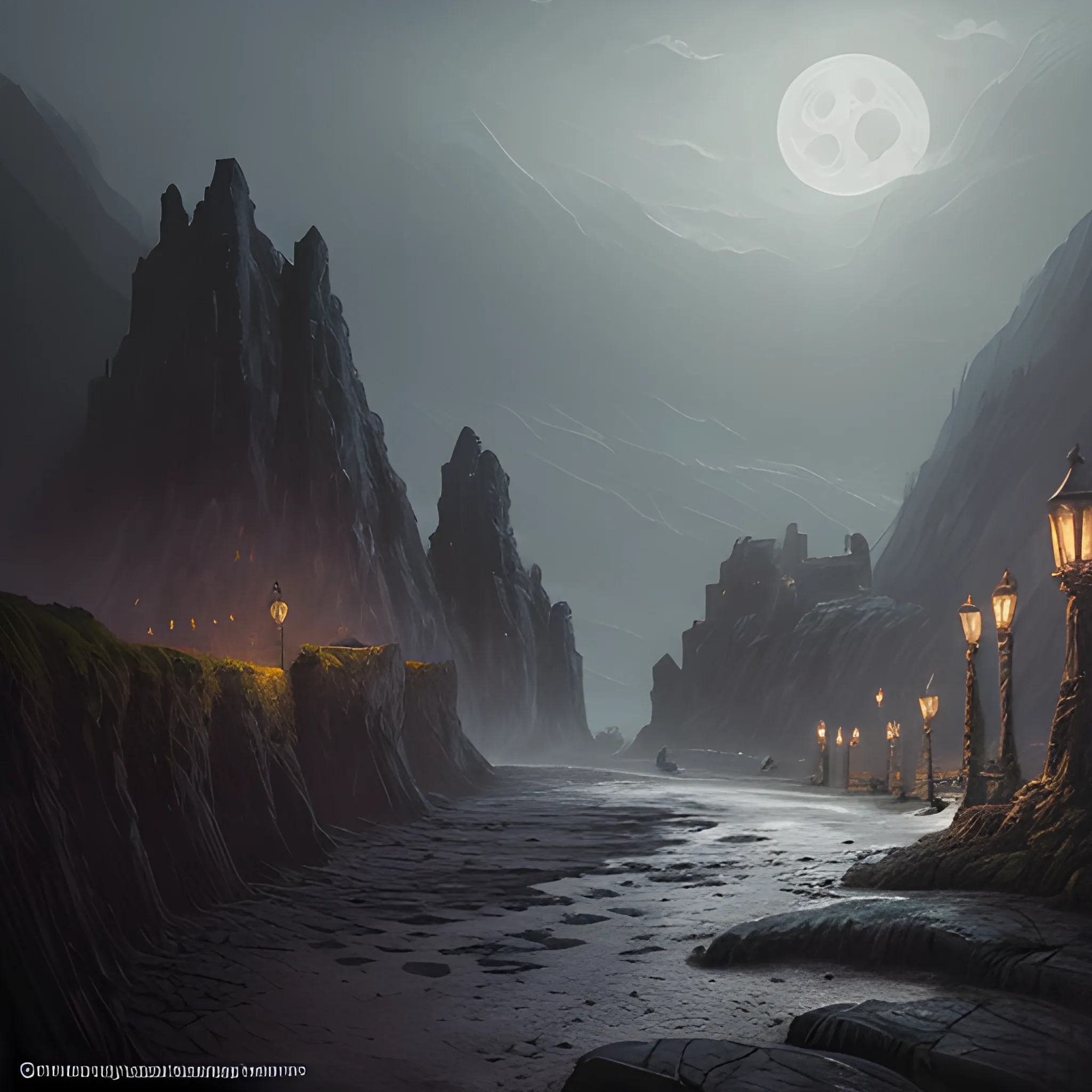 Dark ancient abandoned crumbling medieval pillars and cobblestone walls, completely destroyed, on a cliffside above a beach, crumbling down into glistening shimmering wet sand under the moonlight, fantasy, landscape, Artstation, dark and moody lighting, digital art, Ghibli inspired, Similar to Abergavenny

