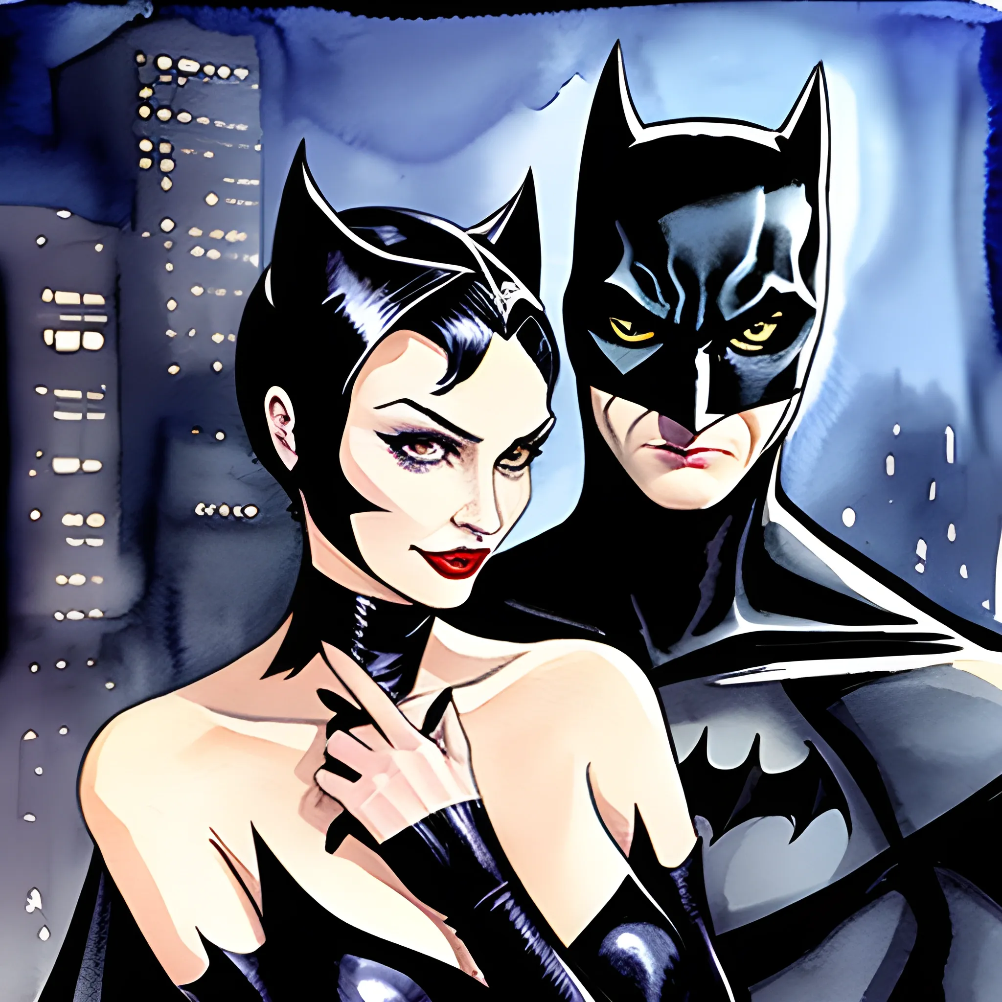 catwoman in the night with batman , Water Color 