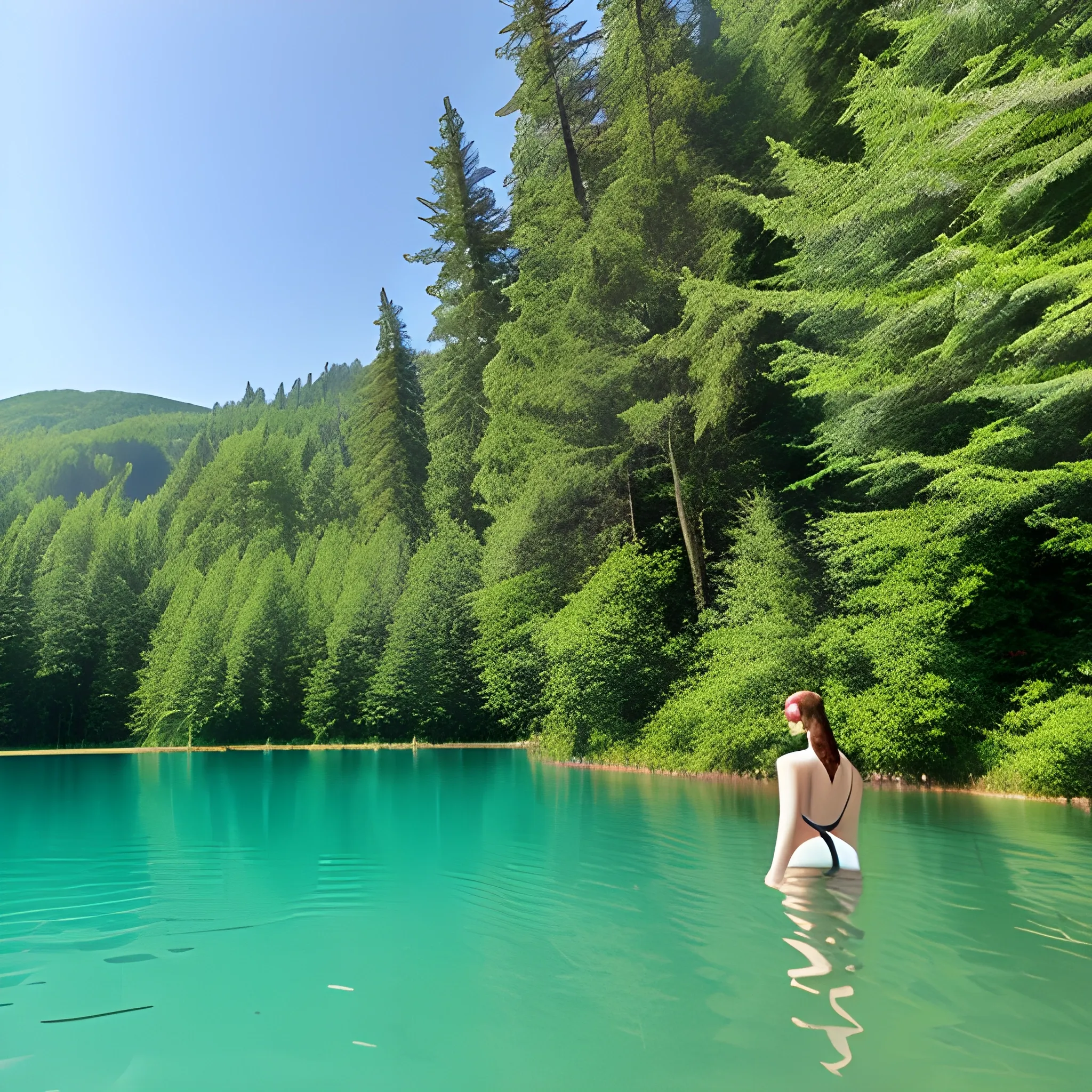 large natural park  lake with a beautiful girl swimmer approaching us