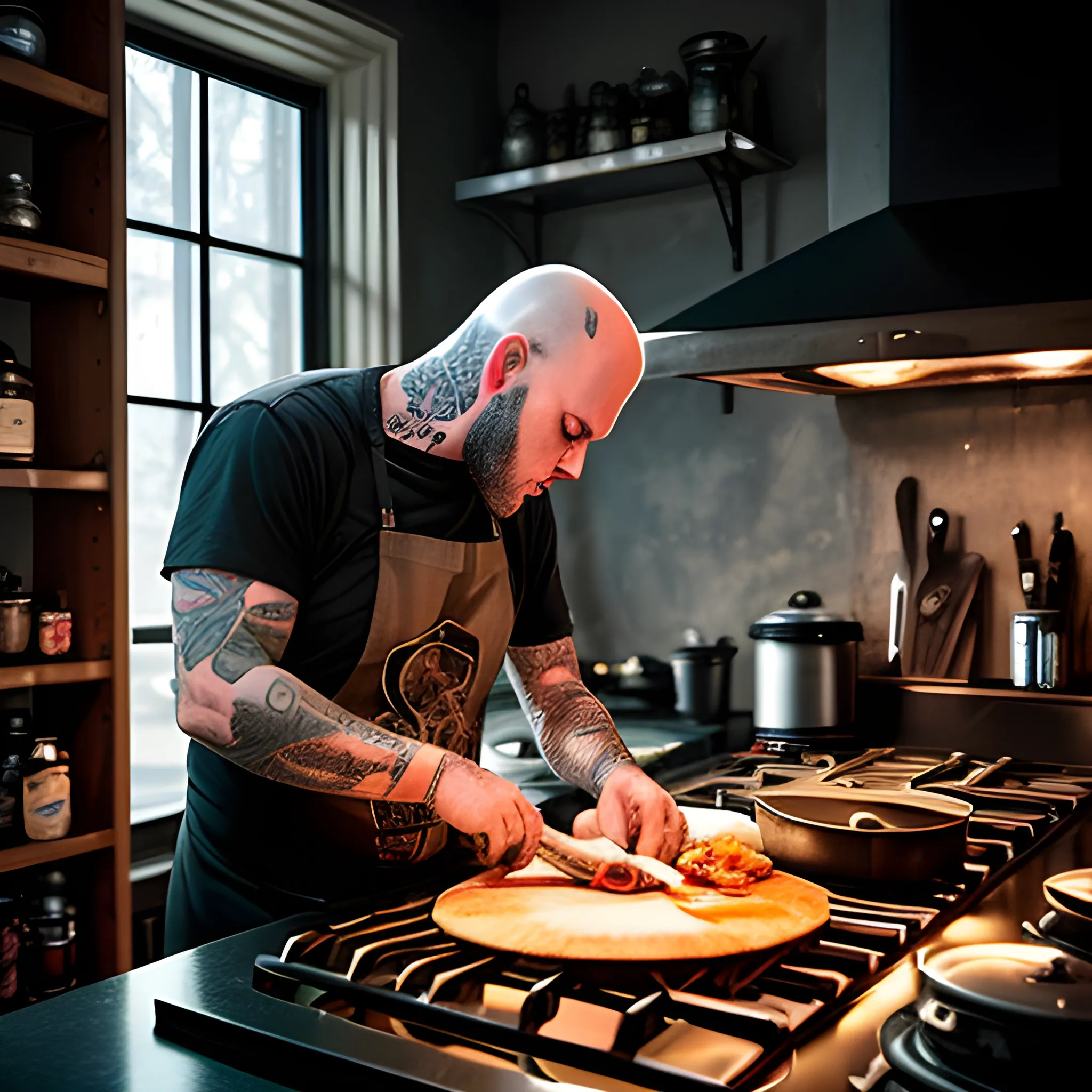 "Generate an image depicting a bald man seen from behind, standing in front of a dark and slightly sinister kitchen. The atmosphere is enveloped in dark and somber tones. The man is deeply engrossed in his passion for both cooking and rock music; he wears a worn black apron adorned with patches from legendary rock bands. His skillful hands are busy cooking in a pan on a lit stove, while a glass of red wine rests on the countertop next to him, adding a touch of decadence to the scene. A faint light illuminates his profile, highlighting tattoos on his arms and the concentrated expression on his face. Behind him, shelves stocked with ingredients and spices create a mysterious and slightly unsettling ambiance. In the background, a blurred, elongated shadow of an electric guitar is projected onto the wall, alluding to his love for rock and roll. The image captures the fusion of his passions for cooking and music in a setting that evokes an intriguing sense of darkness and mystery. It is crucial that the bald man is depicted from behind, engaged in the act of cooking."