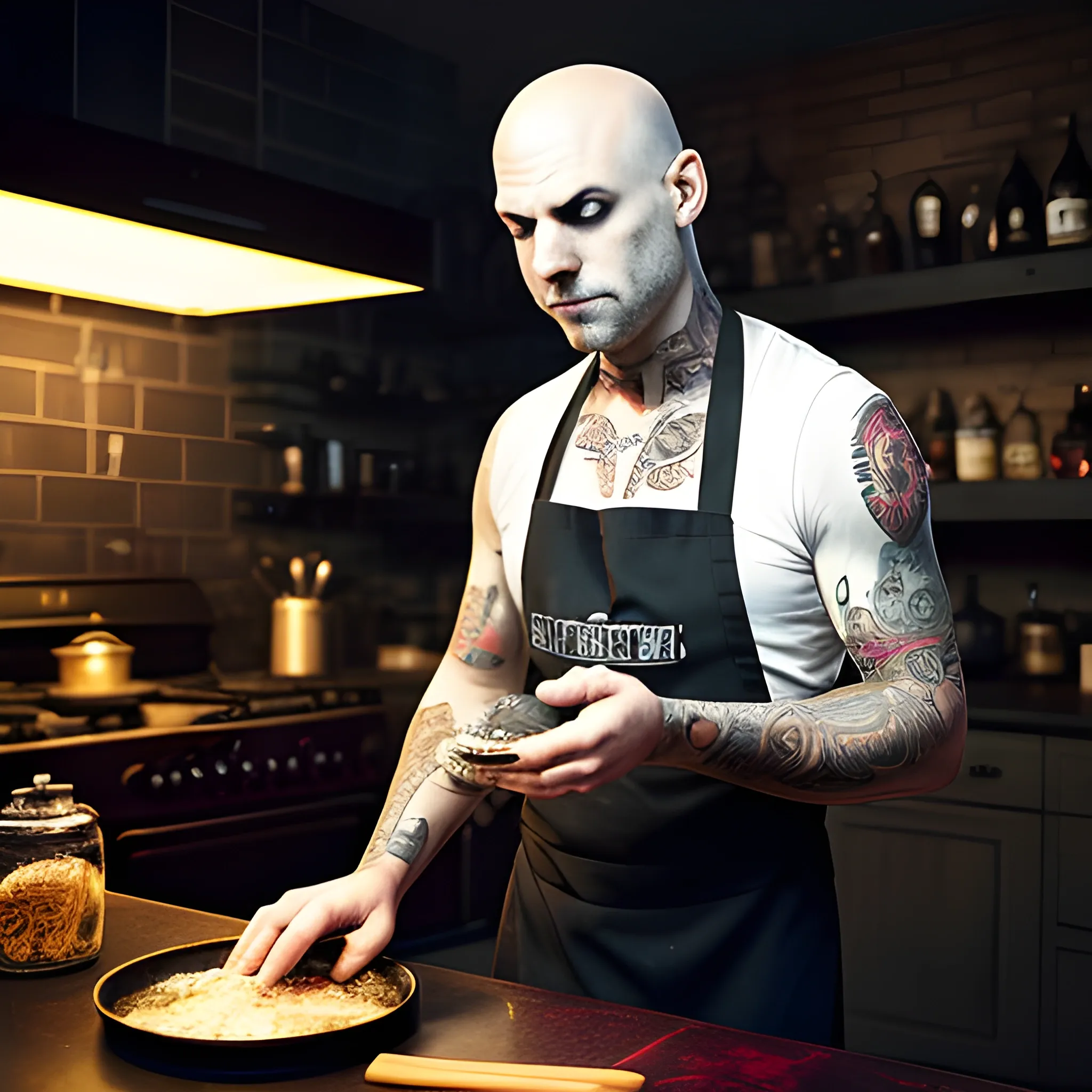 "Generate an image depicting a bald man seen from behind, standing in front of a dark and slightly sinister kitchen. The atmosphere is enveloped in dark and somber tones. The man is deeply engrossed in his passion for both cooking and rock music; he wears a worn black apron adorned with patches from legendary rock bands. His skillful hands are busy cooking in a pan on a lit stove, while a glass of red wine rests on the countertop next to him, adding a touch of decadence to the scene. A faint light illuminates his profile, highlighting tattoos on his arms and the concentrated expression on his face. Behind him, shelves stocked with ingredients and spices create a mysterious and slightly unsettling ambiance. In the background, a blurred, elongated shadow of an electric guitar is projected onto the wall, alluding to his love for rock and roll. The image captures the fusion of his passions for cooking and music in a setting that evokes an intriguing sense of darkness and mystery. It is crucial that the bald man is depicted from behind, engaged in the act of cooking."