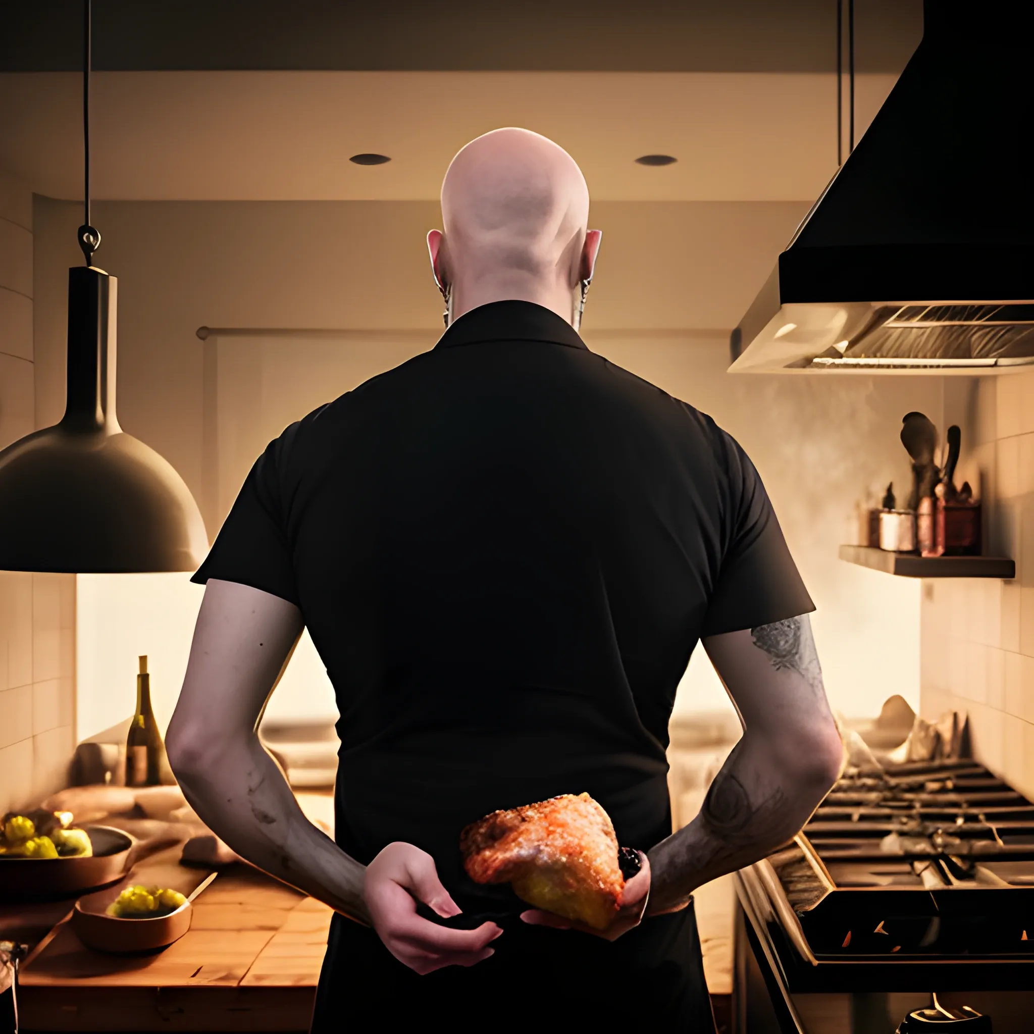 
"Depict a bald man seen from behind, cooking in his kitchen, with a glass of wine beside him, and ensure that this image carries dark, even sinister undertones. The concept is to blend and emphasize that this man is a fan of both cooking and rock music."