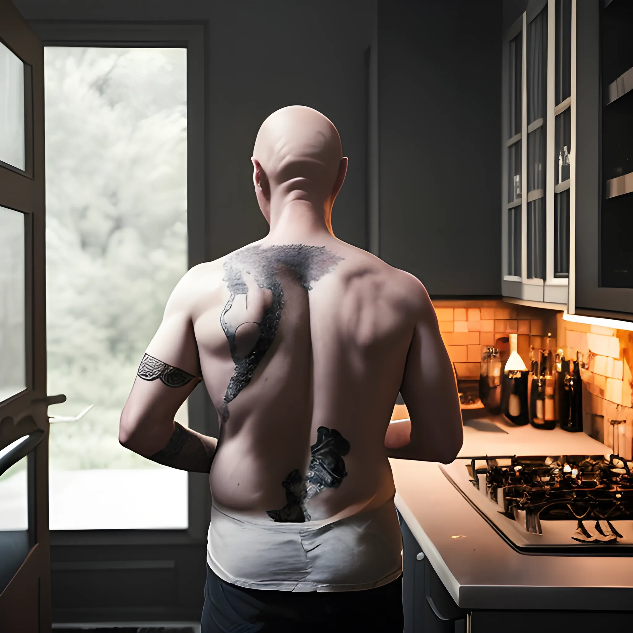 
"Depict a bald man seen from behind, cooking in his kitchen, with a glass of wine beside him, and ensure that this image carries dark, even sinister undertones. The concept is to blend and emphasize that this man is a fan of both cooking and rock music."