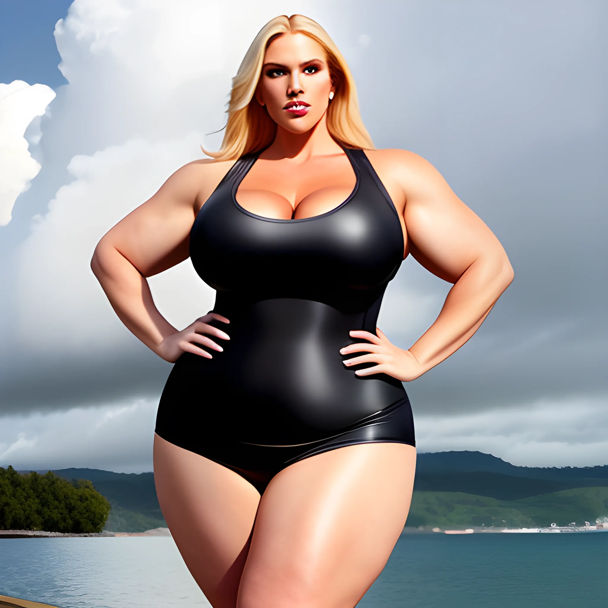 very tall plus size muscular blonde girl in tight white dress to 