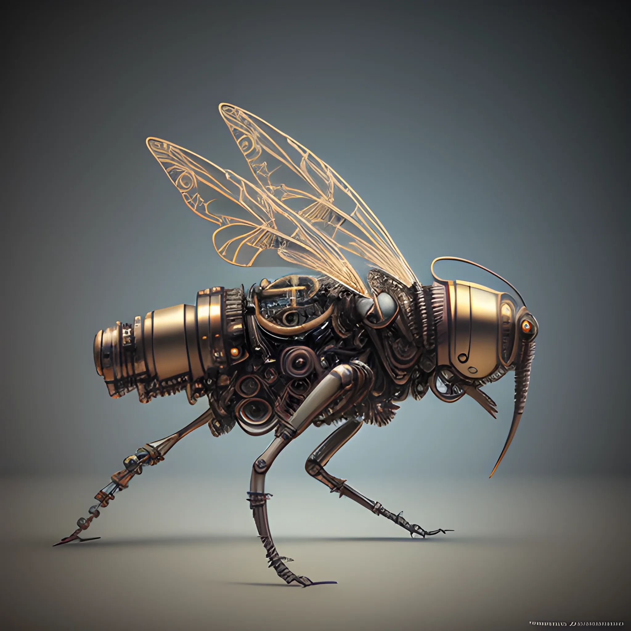 steampunk cybernetic biomechanical fly, 3 d model, unreal engine realistic render, 8 k, micro detail, intricate, elegant, highly detailed, centered, digital painting, artstation, smooth, sharp focus, illustration, artgerm, tomasz alen kopera, wlop 