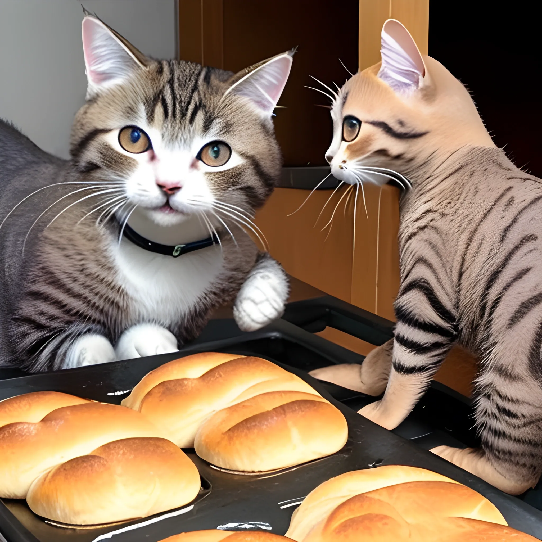 gatos oliendo un pan