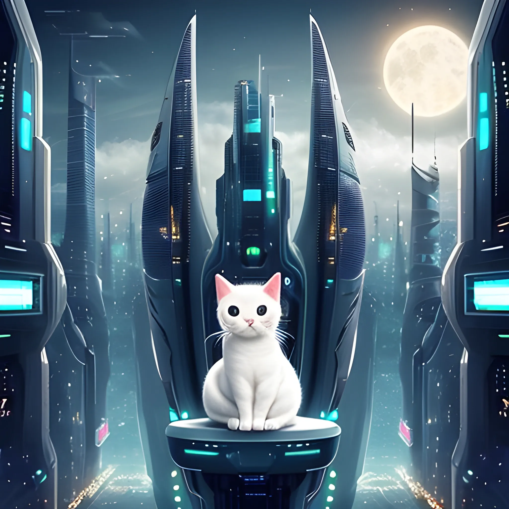 cute kitty lonely in futuristic city
