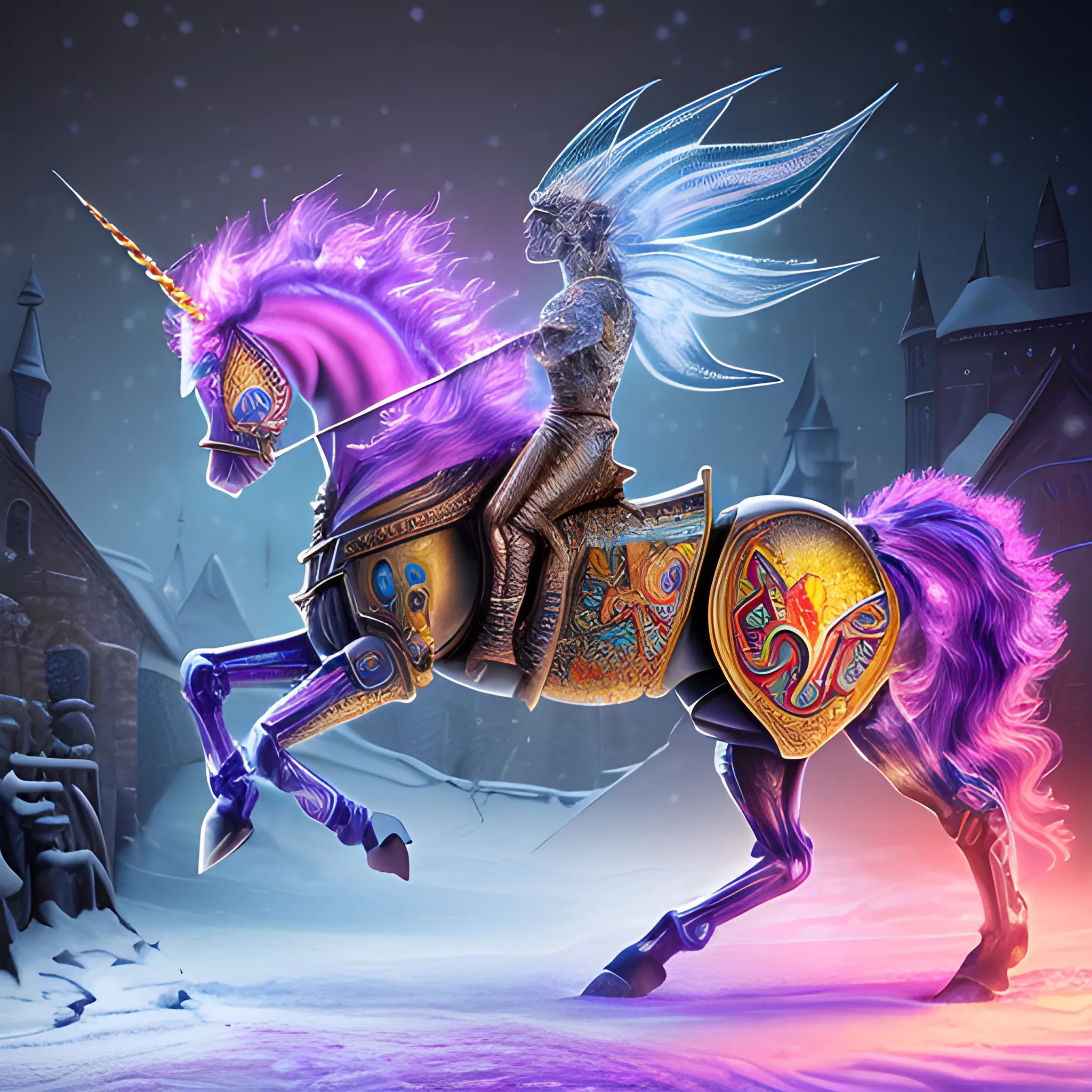 A microscopically detailed digital fine-art, this high resolution art of a plasma coloured rubin-detailed unicorn half-horse half-machine which is fighting on the medieval village in snowy weather is a true masterpiece. (photorealistic), (8K), (dark and dimmed lighting), (colourful), (whole body), (Metallica shirt on)