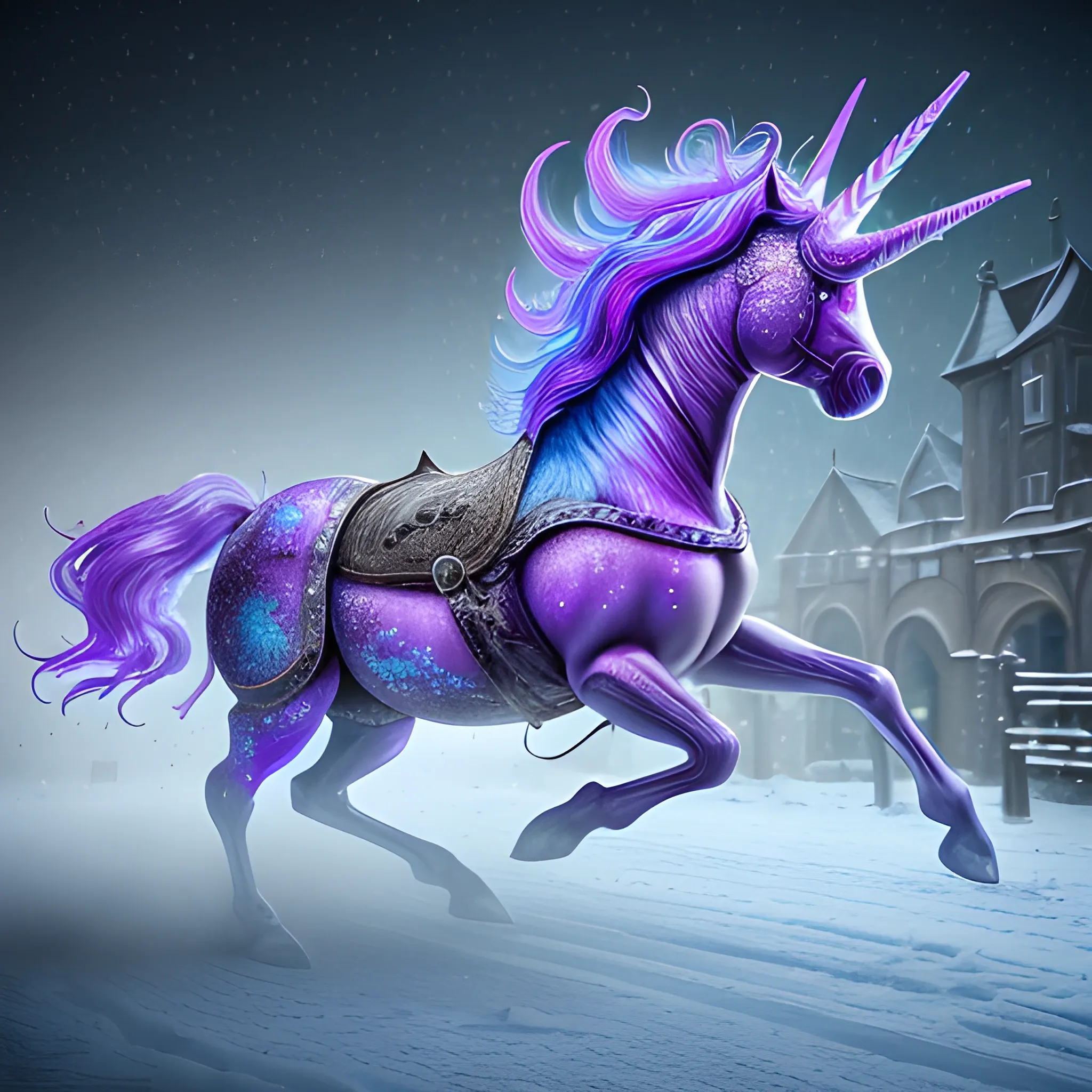 A microscopically detailed digital fine-art, this high resolution art of a plasma coloured rubin-detailed unicorn half-horse half-machine which is fighting on the medieval village in snowy weather is a true masterpiece. (photorealistic), (8K), (dark and dimmed lighting), (desaturated), (whole body), (sharpened)