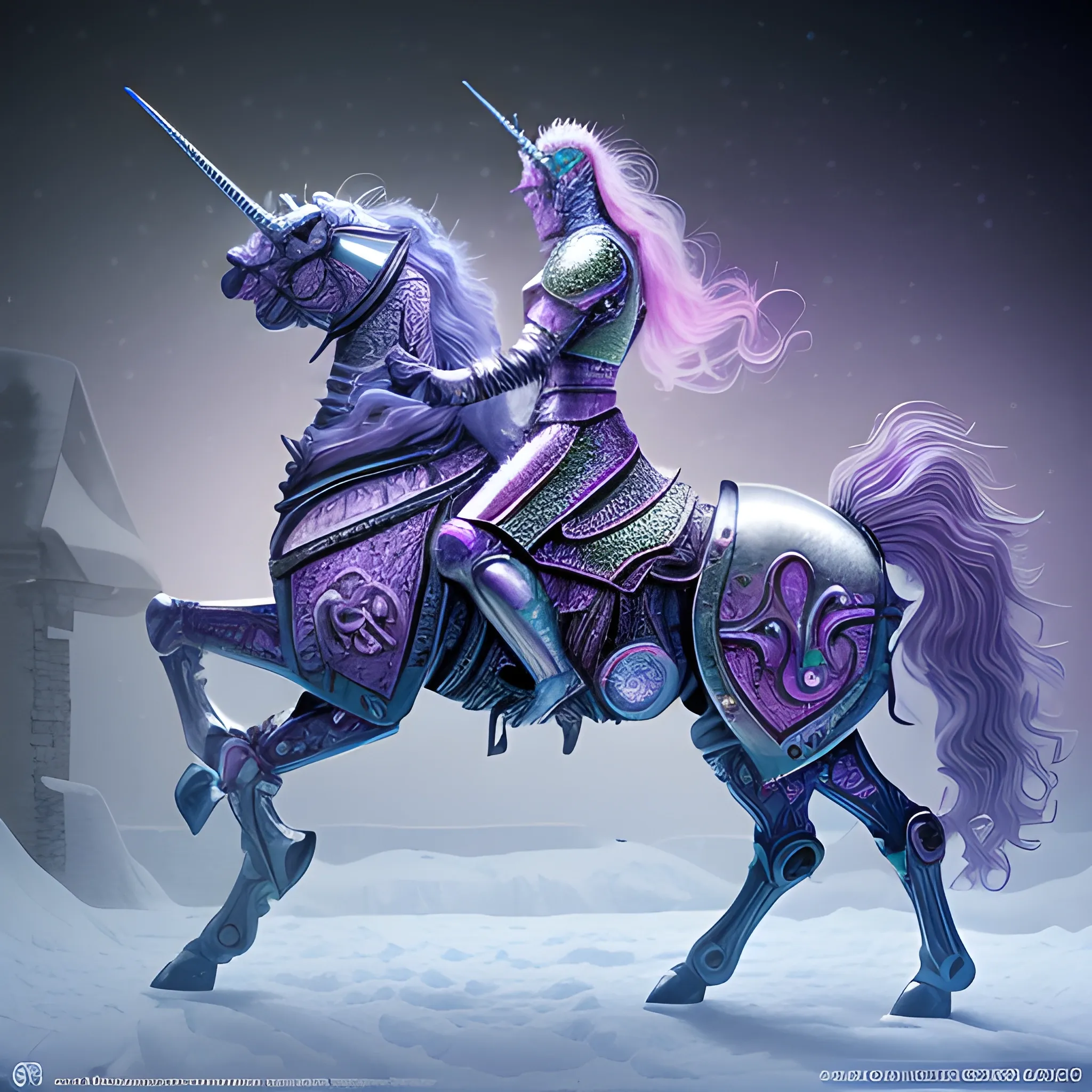 A microscopically detailed digital fine-art, this high resolution art of a prism-coloured warrior-detailed unicorn which is a half-horse half-machine which is fighting on the medieval village in snowy weather is a true masterpiece. (photorealistic), (8K), (dark and dimmed lighting), (desaturated), (whole body), (sharpened)