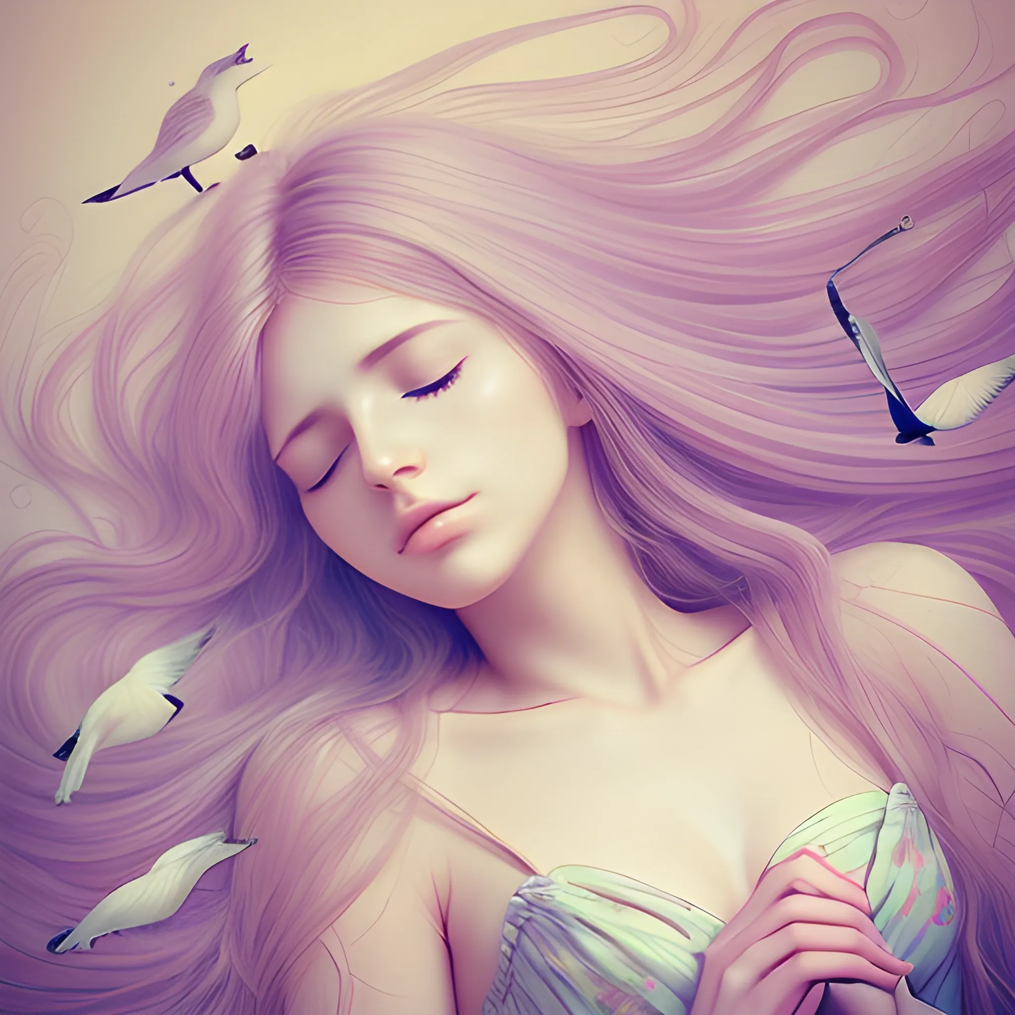 beautiful woman sleeping, peace, innocence, serenity, long hair, birds, surreal, pastel colors, high definition, awesome graphics