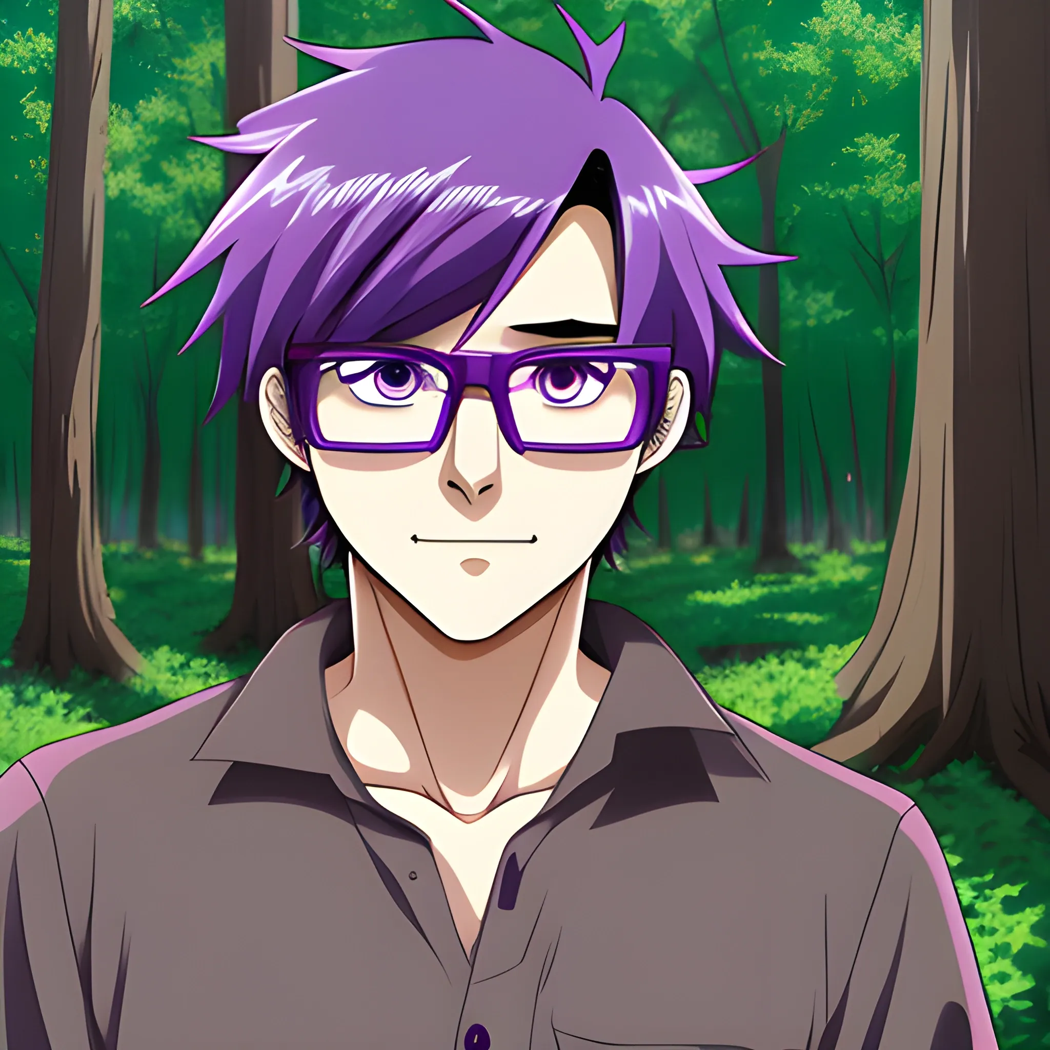 Anime man, purple eyes, glasses, forest background, hyper deformed.