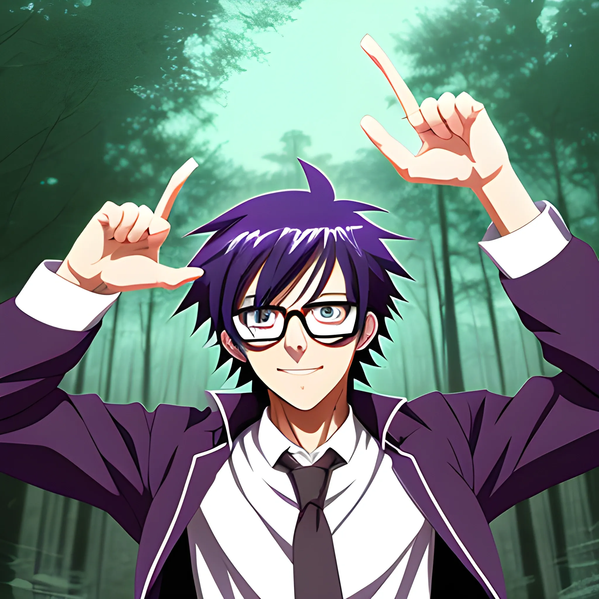 Anime man, purple eyes, glasses black, forest background, hyper deformed.