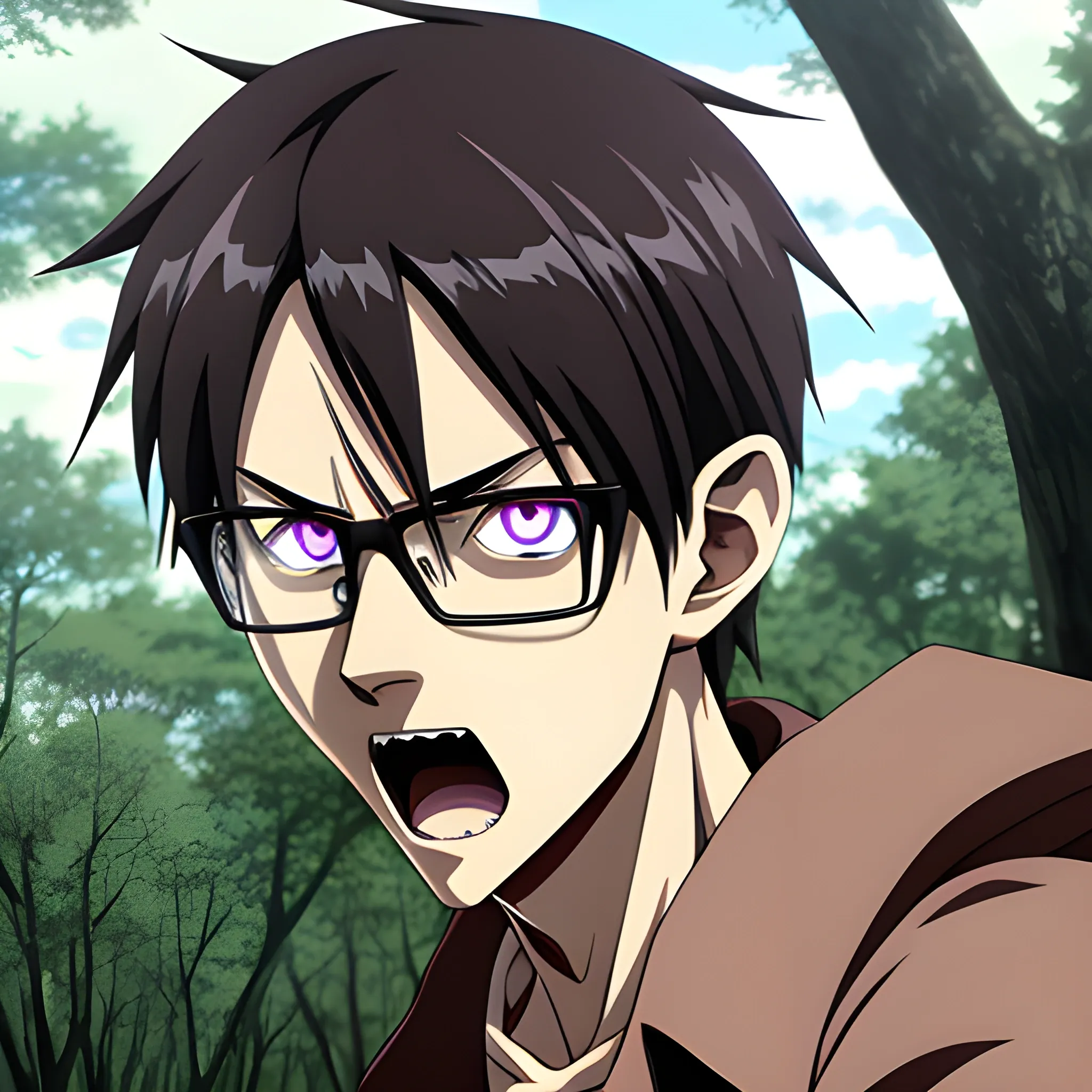 Anime man attack on titan, purple eyes, glasses black, forest background, hyper deformed, 4k.