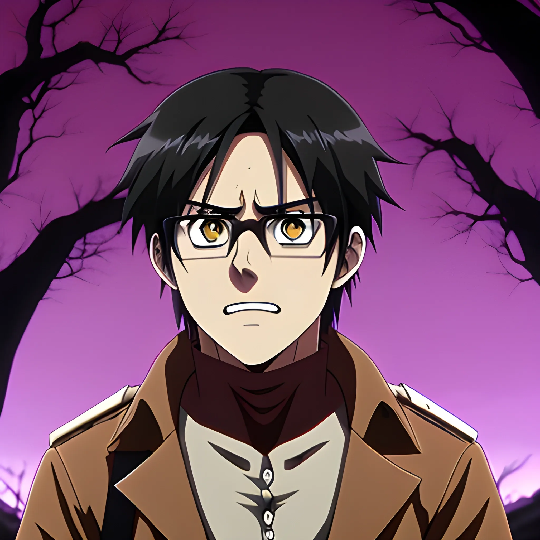 Anime man attack on titan, purple eyes, glasses black, forest background, hyper deformed, 4k.
