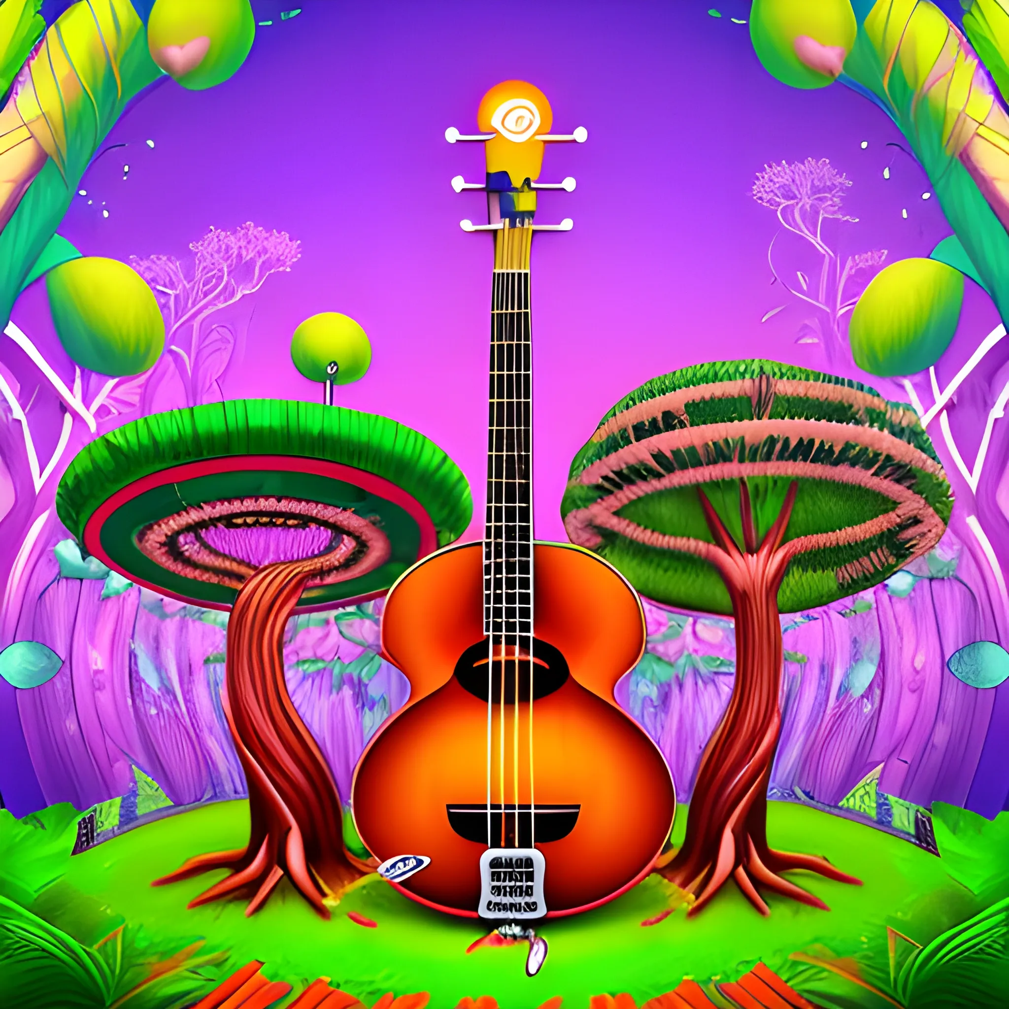 
create a tree with roots in the form of musical instruments, guitars, bass drums, bandoneon, quenas, transverse flutes, harmonicas, the background a forest Cartoon, Cartoon style ciberpunk, Trippy