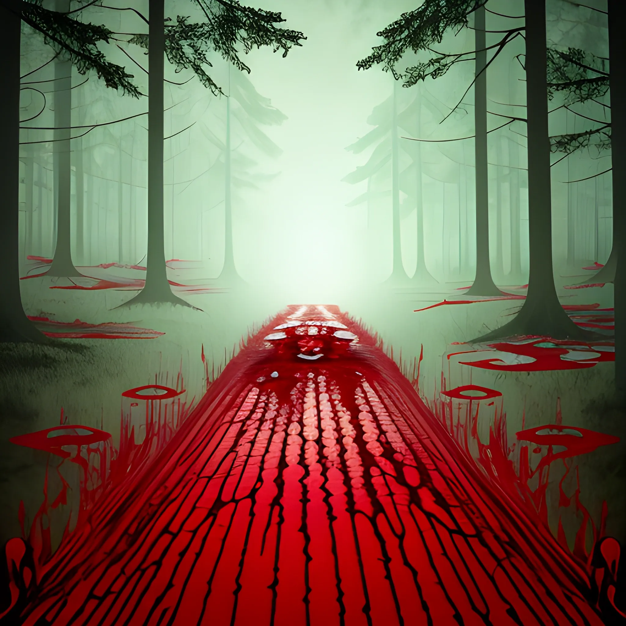 Bloody zombie blood dripping, forest background, hyper deformed