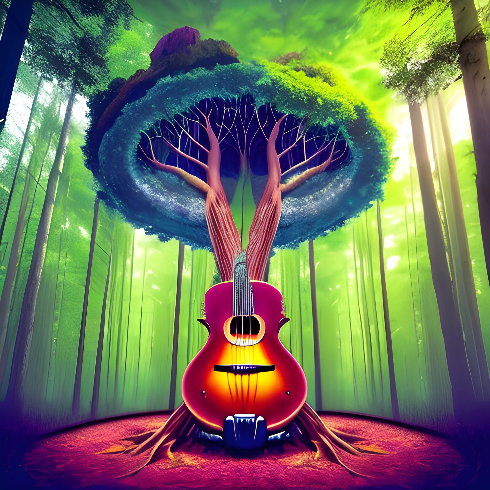 
create a tree with roots in the form of musical instruments, guitars, bass drums, bandoneon, quenas, transverse flutes, harmonicas, the background a forest 
 
 Trippy