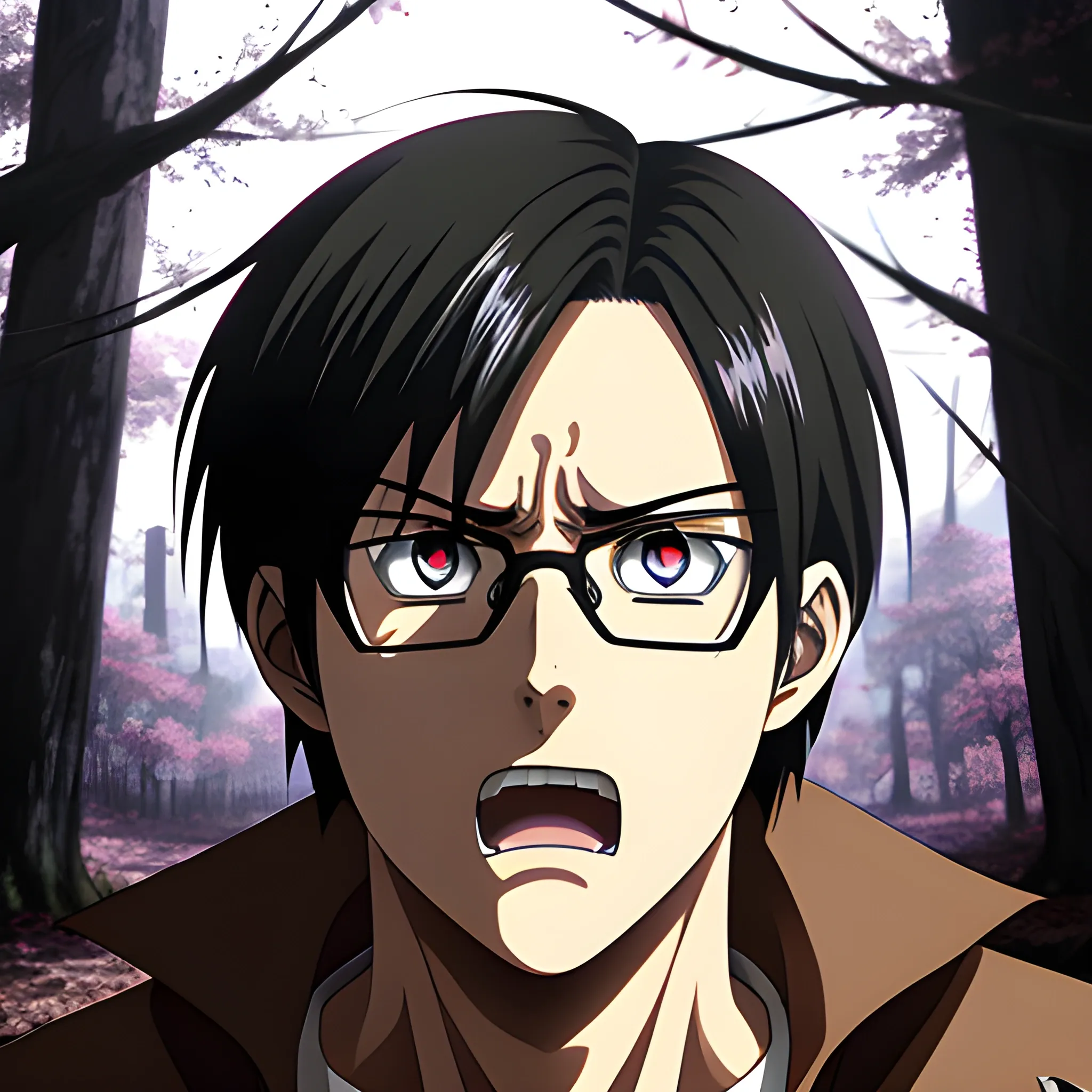 Anime man attack on titan, eren, purple eyes, glasses black, forest background, hyper deformed, 4k.