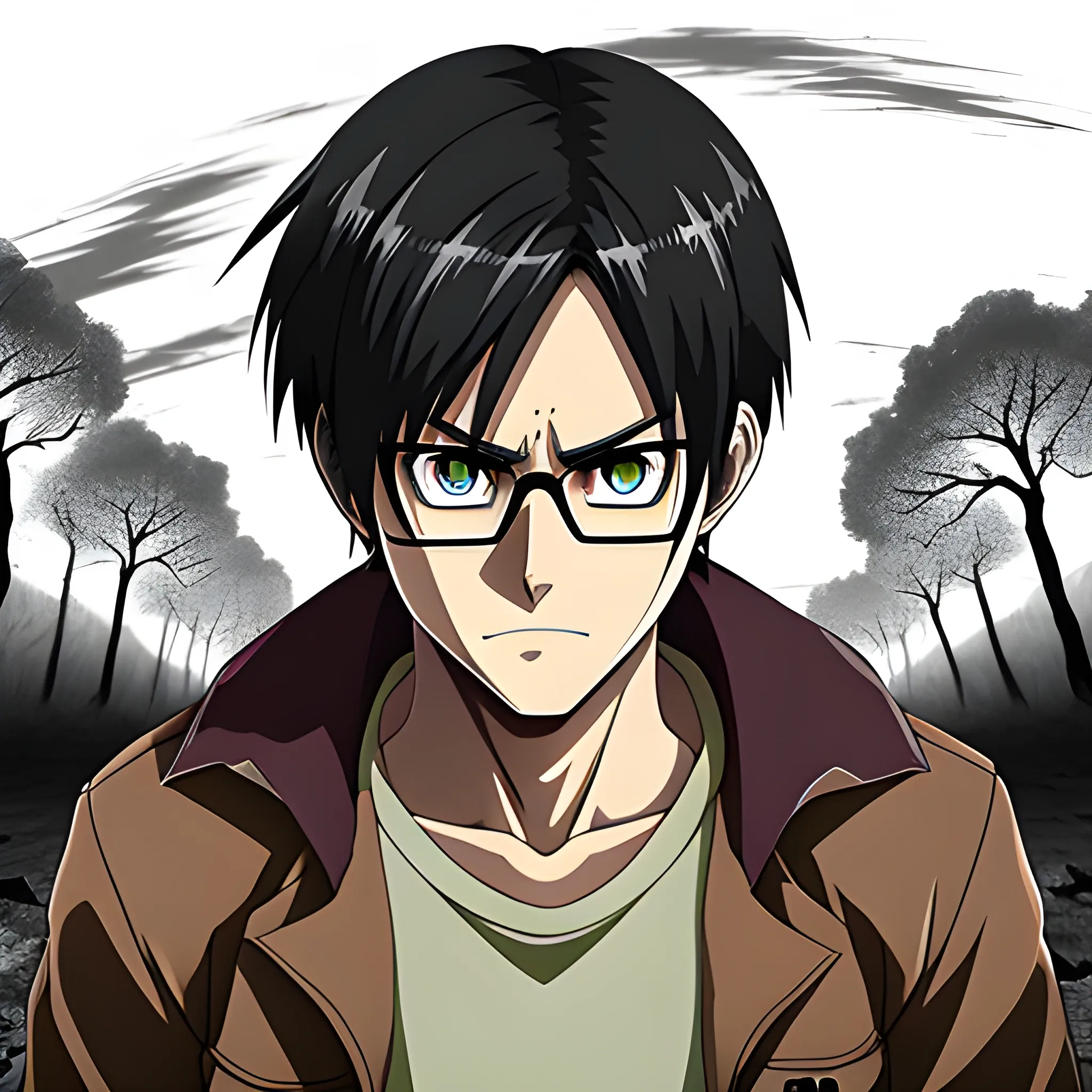 Anime man attack on titan, eren, purple eyes, glasses black, forest background, hyper deformed, 4k.