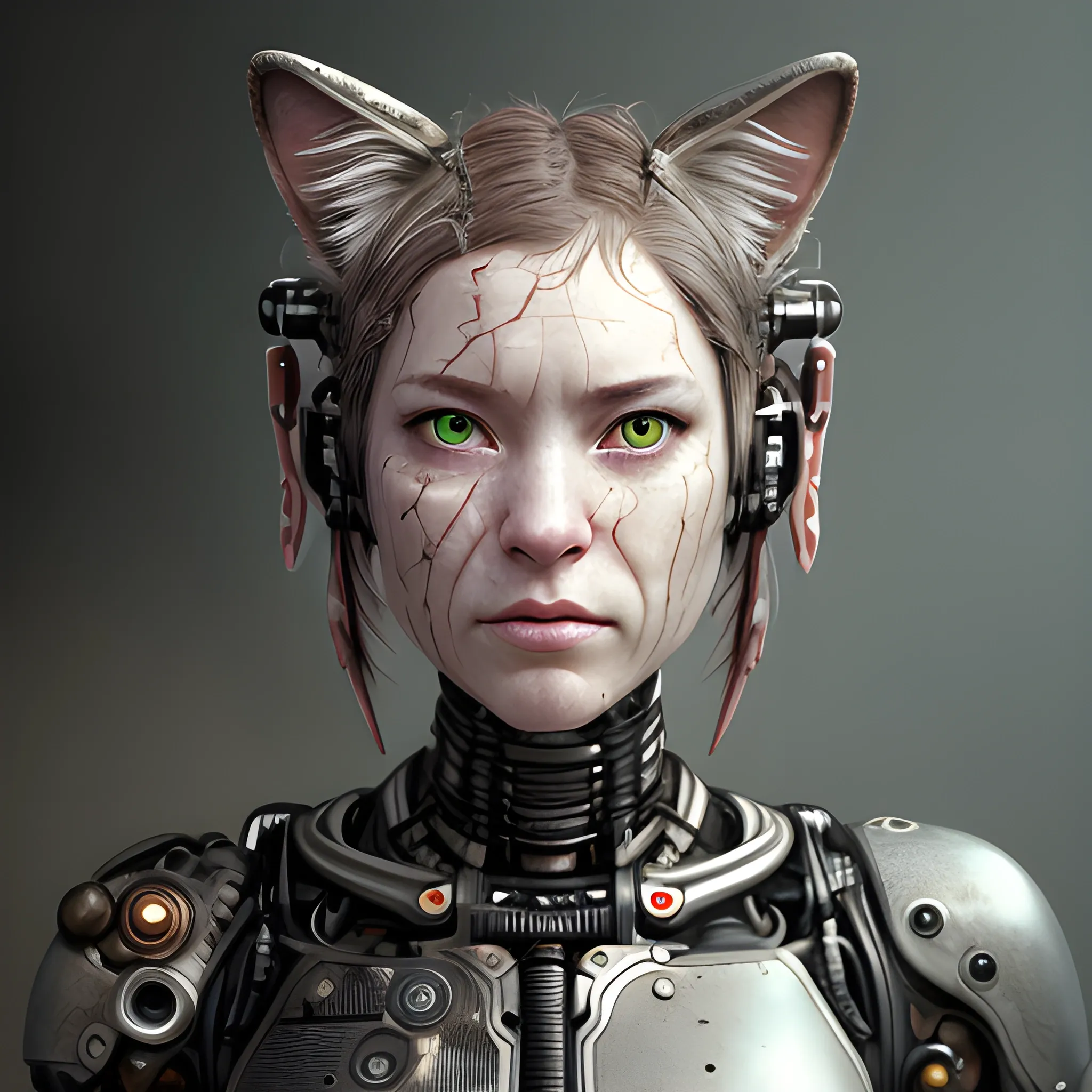 Realistic photo of wild aged female-cyborg-cat photo cropped waist up, hyper realistic, sharpen details, detailed skin, red sharpen eyes,  cinematic, intricate details, (gorgeous face:1. 2), masterpiece, post-apocalypticpunk, dystopian, microscopic, (NSFW:0.5), high quality, detailed, masterpiece, best quality, highres, extremely detailed, (8k), (waist up)