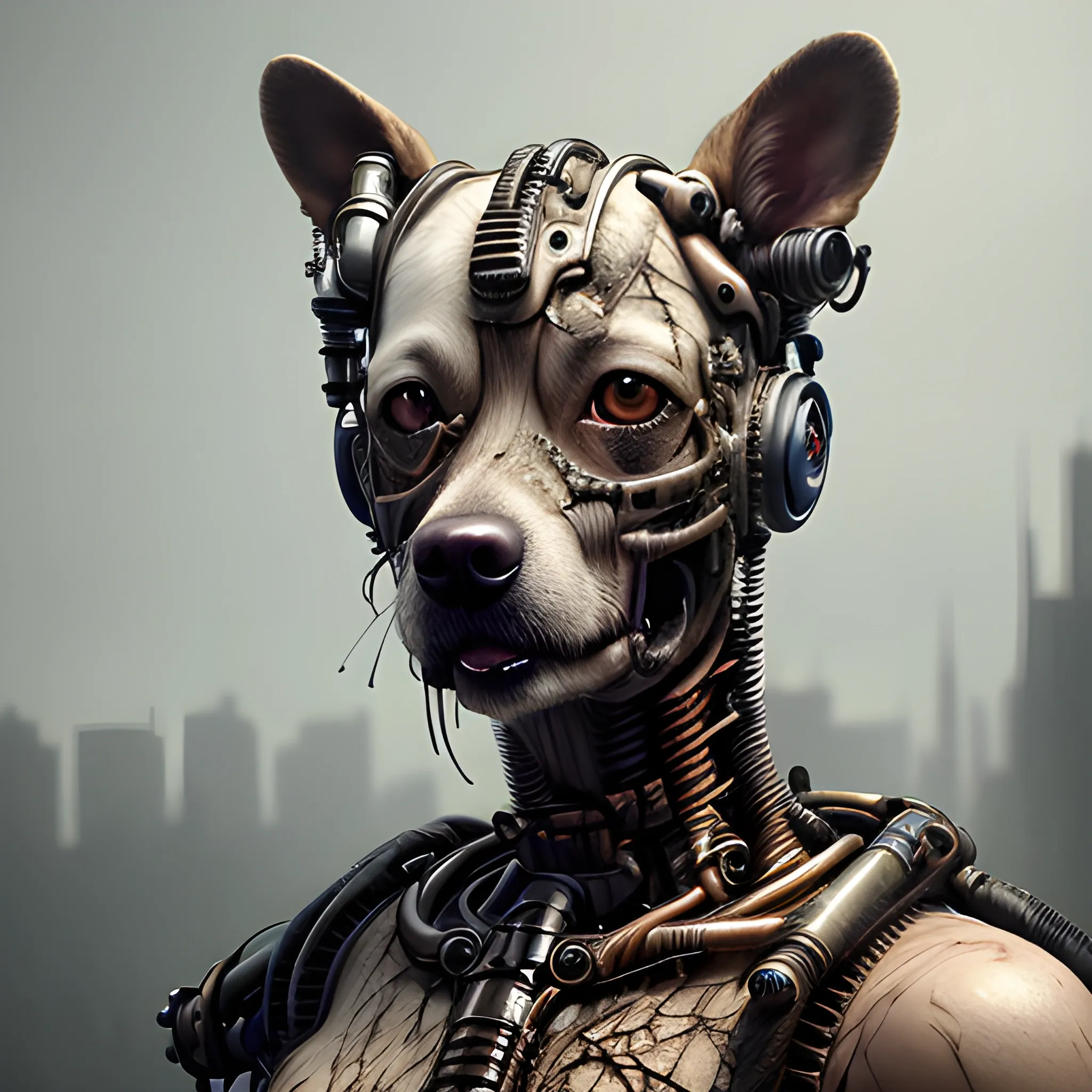 Realistic photo of wild aged decayed-cyborg-dog photo cropped waist up, hyper realistic, sharpen details, detailed skin, red sharpen eyes,  cinematic, intricate details, (gorgeous face:1. 2), masterpiece, post-apocalypticpunk, dystopian, microscopic, (NSFW:0.5), high quality, detailed, masterpiece, best quality, highres, extremely detailed, (8k), (waist up)