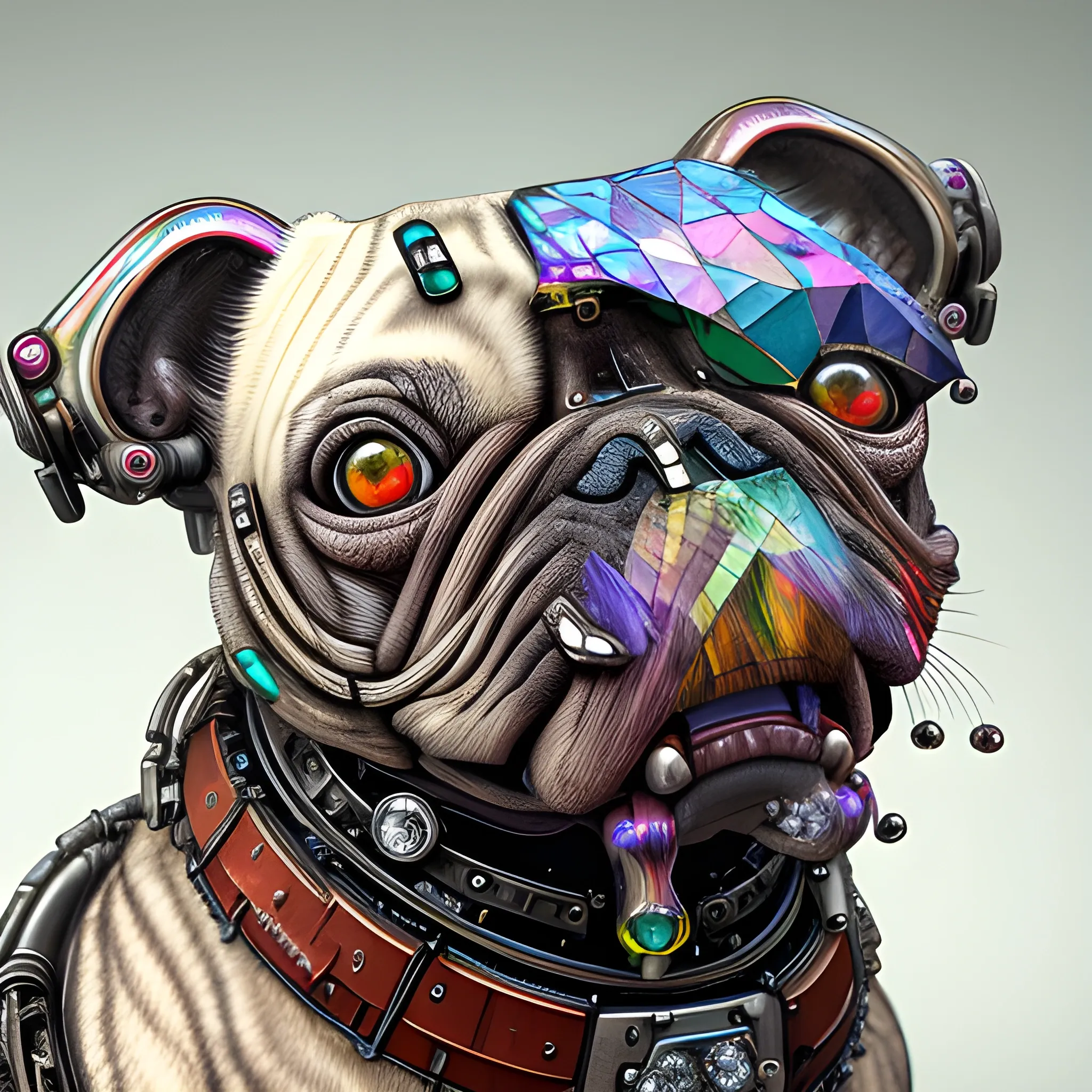 Realistic photo of wild aged decayed-cyborg-dog photo cropped waist up, hyper realistic, sharpen details, detailed skin, red sharpen eyes,  cinematic, intricate details, (gorgeous face:1. 2), masterpiece, post-apocalypticpunk, dystopian, microscopic, (NSFW:0.5), high quality, detailed, masterpiece, best quality, highres, extremely detailed, (8k), (waist up), (embedded diamonds with prism-colours)