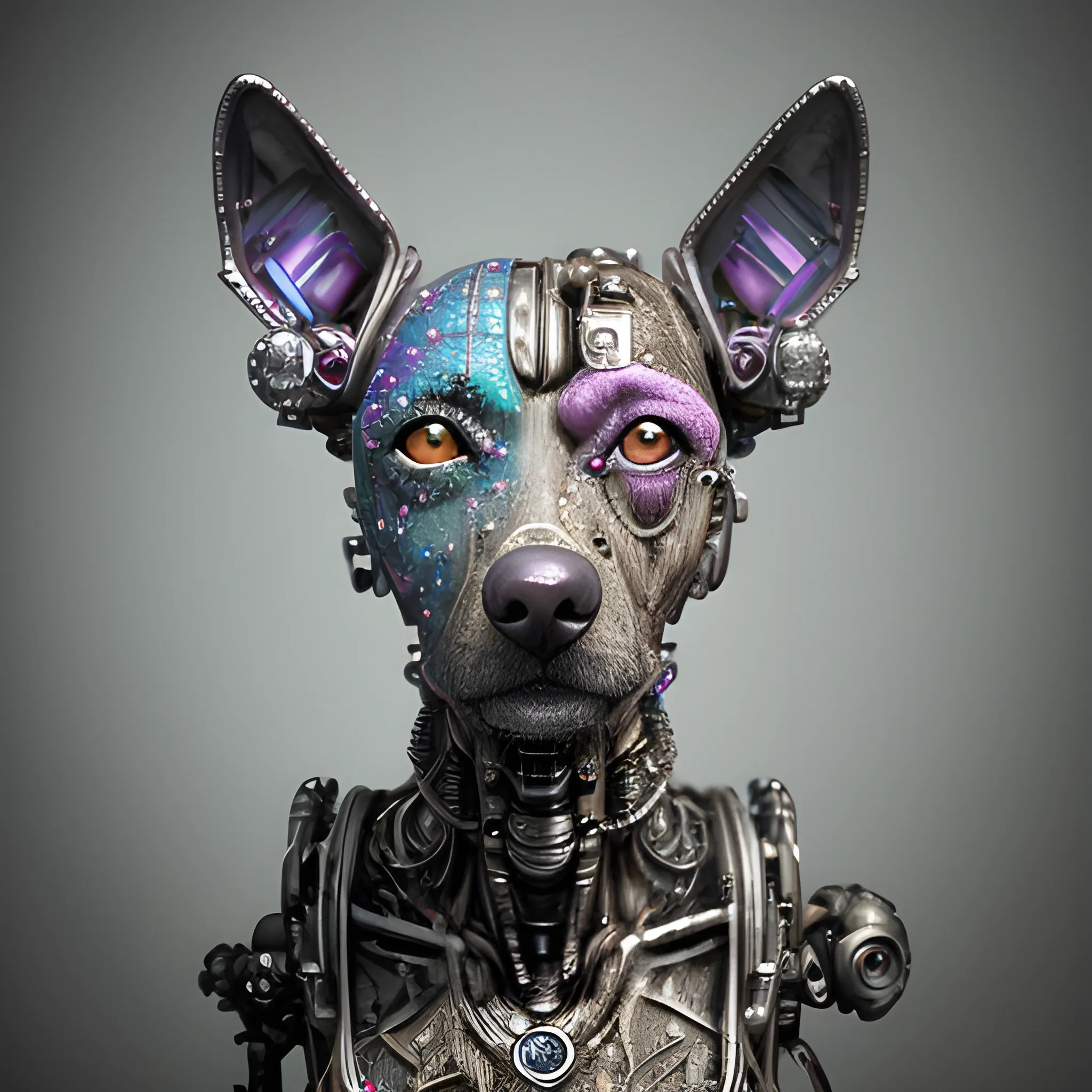 Realistic whole body photo of an aged and decayed-cyborg-dog, hyper realistic, sharpen details, detailed skin, red sharpen eyes, cinematic, intricate details, (gorgeous face:1. 2), masterpiece, post-apocalypticpunk, dystopian, microscopic, (NSFW:0.5), high quality, detailed, masterpiece, best quality, highres, extremely detailed, (8k), (waist up), (embedded diamonds with prism-colours)