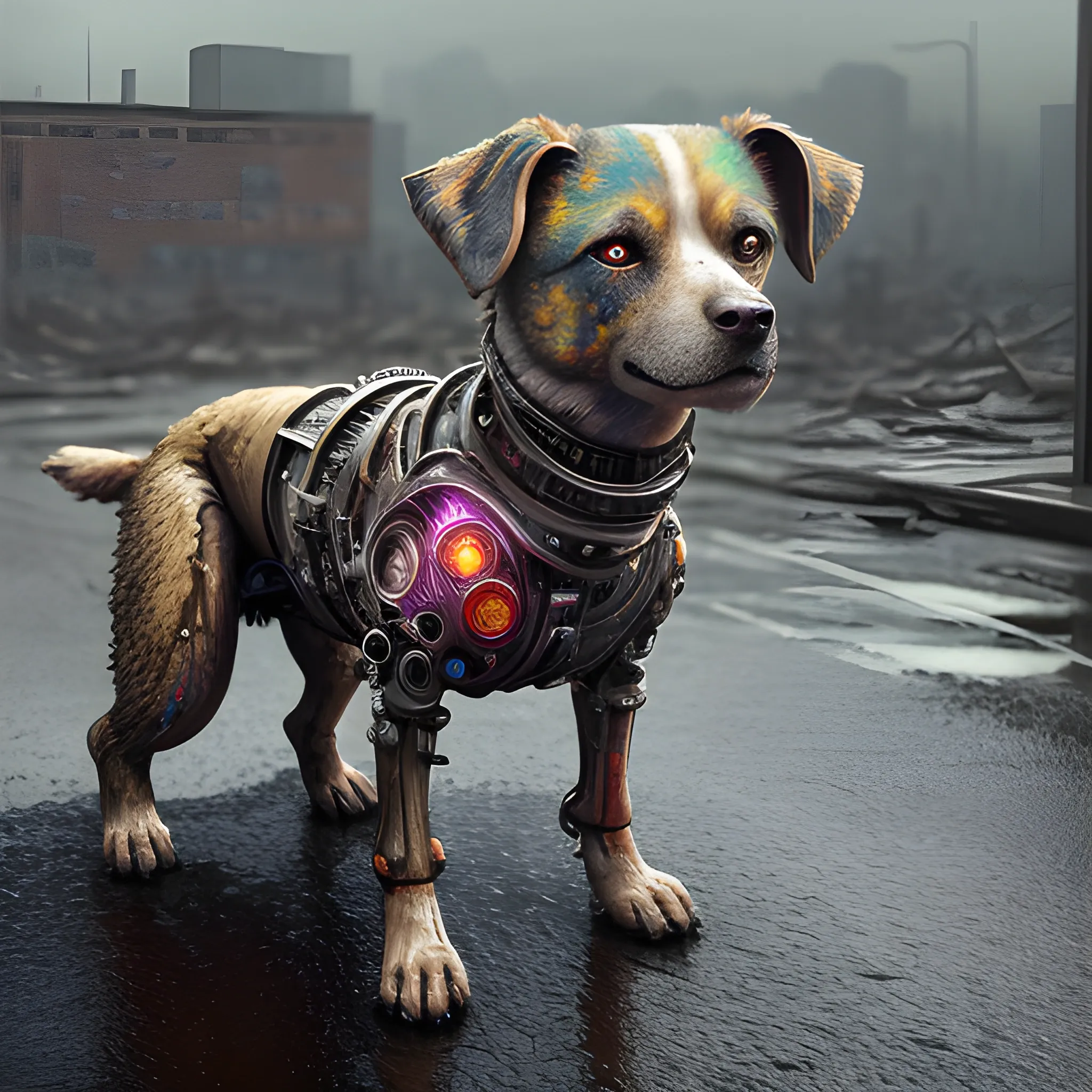 Realistic whole body photo of an aged and decayed-cyborg-dog sta