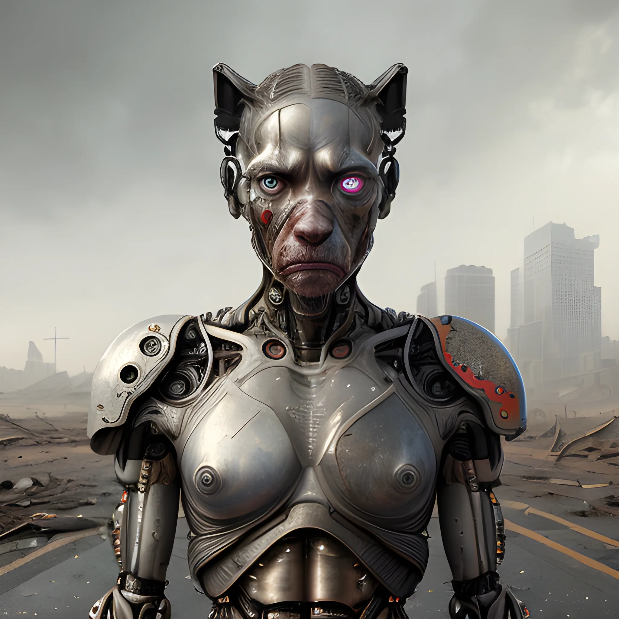 Realistic whole body photo of a prism structured and aged and half-human half-dog warrior-cyborg posing on a wet asphalt in apocalyptic landscape, hyper realistic, sharpen details, detailed skin, red sharpen eyes, cinematic, intricate details, (gorgeous face:1. 2), masterpiece, post-apocalypticpunk, dystopian, microscopic, (NSFW:0.5), high quality, detailed, masterpiece, best quality, highres, extremely detailed, (8k), (waist up),