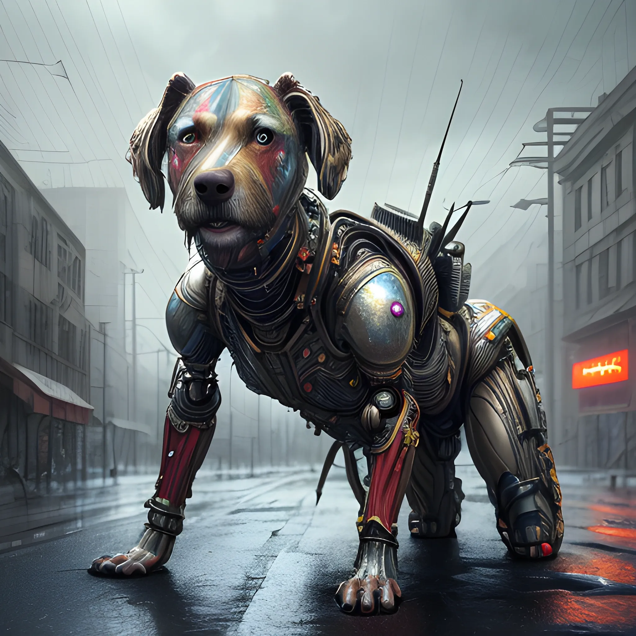 Realistic whole body photo of a prism structured and aged and half-human half-dog warrior-cyborg posing on a wet asphalt in apocalyptic landscape, hyper realistic, sharpen details, detailed skin, red sharpen eyes, cinematic, intricate details, (gorgeous face:1. 2), masterpiece, post-apocalypticpunk, dystopian, microscopic, high quality, detailed, masterpiece, best quality, highres, extremely detailed, (8k), (waist up),