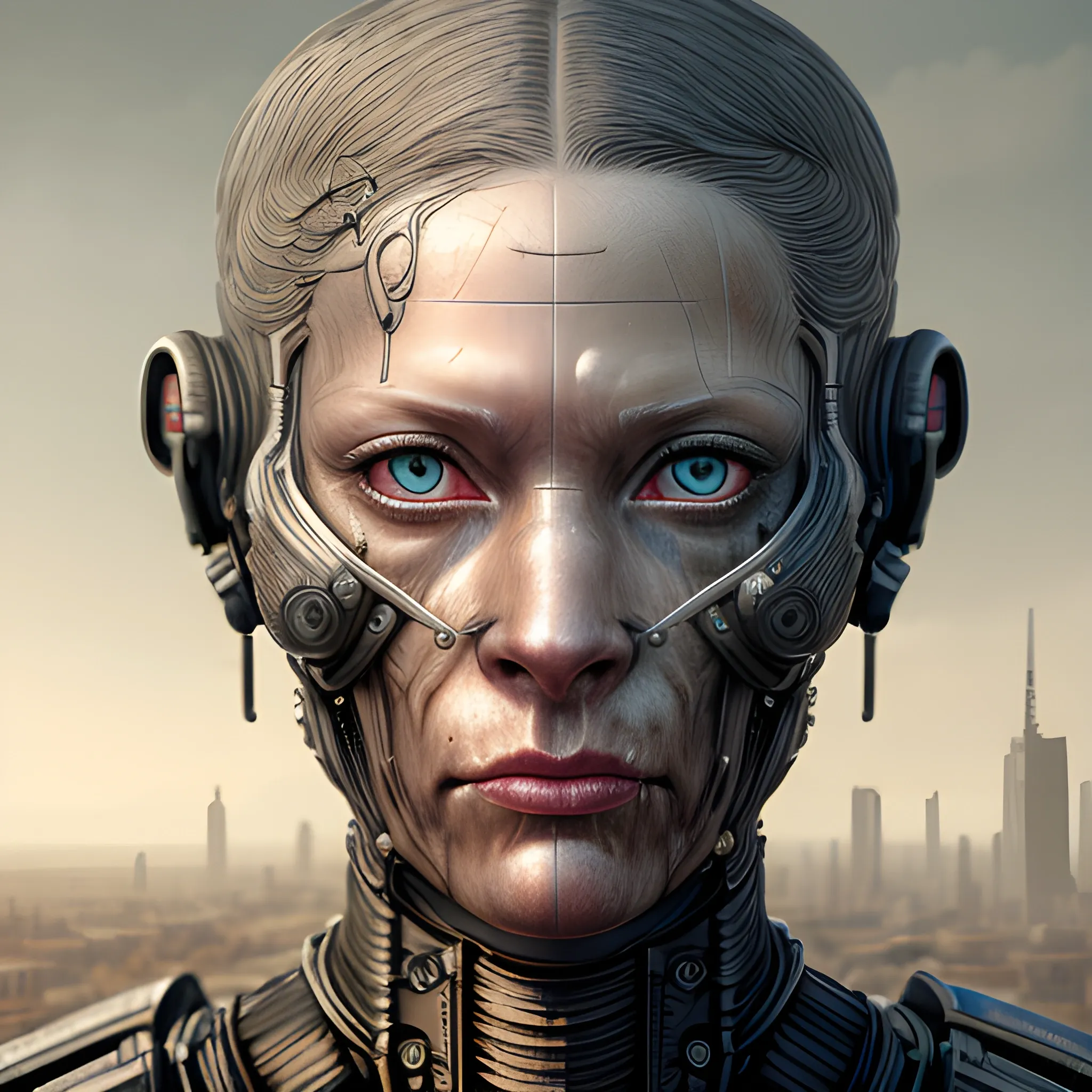 Realistic whole body photo of a prism structured and aged and half-human half-dog warrior-cyborg posing on a wet asphalt in apocalyptic landscape in H.R.Giger style, hyper realistic, sharpen details, detailed skin, red sharpen eyes, cinematic, intricate details, (gorgeous face:1. 2), masterpiece, post-apocalypticpunk, dystopian, microscopic, high quality, detailed, masterpiece, best quality, highres, extremely detailed, (8k), (waist up),