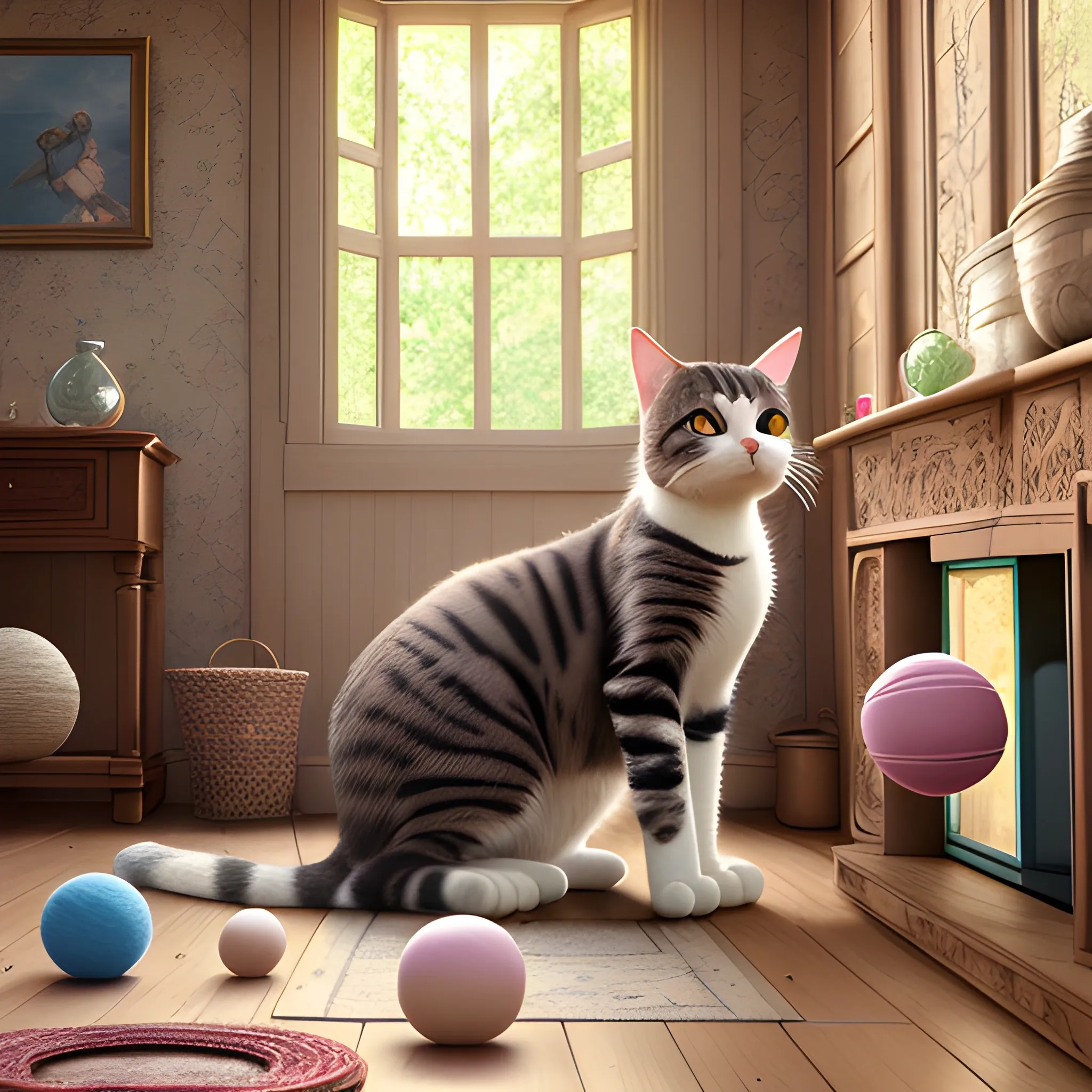 Realistic whole body photo of a domestic cat playing with ball of yarn in a beautiful summer cottage livingroom, cinematic, intricate details, masterpiece, microscopic, high quality, detailed, masterpiece, best quality, highres, extremely detailed, (8k), (waist up),