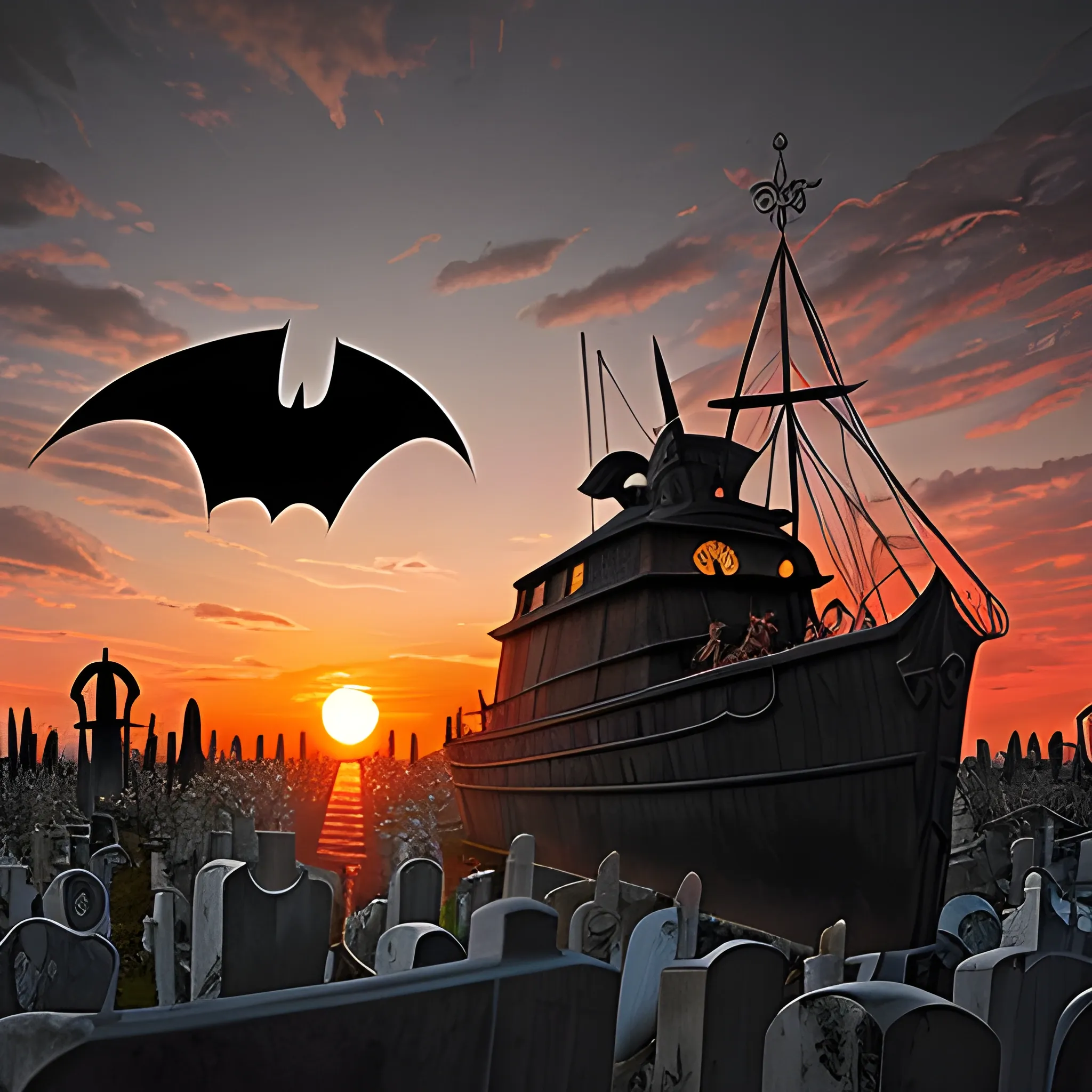 batman,cemetery,dead bat,dark,sunset,sunken ship