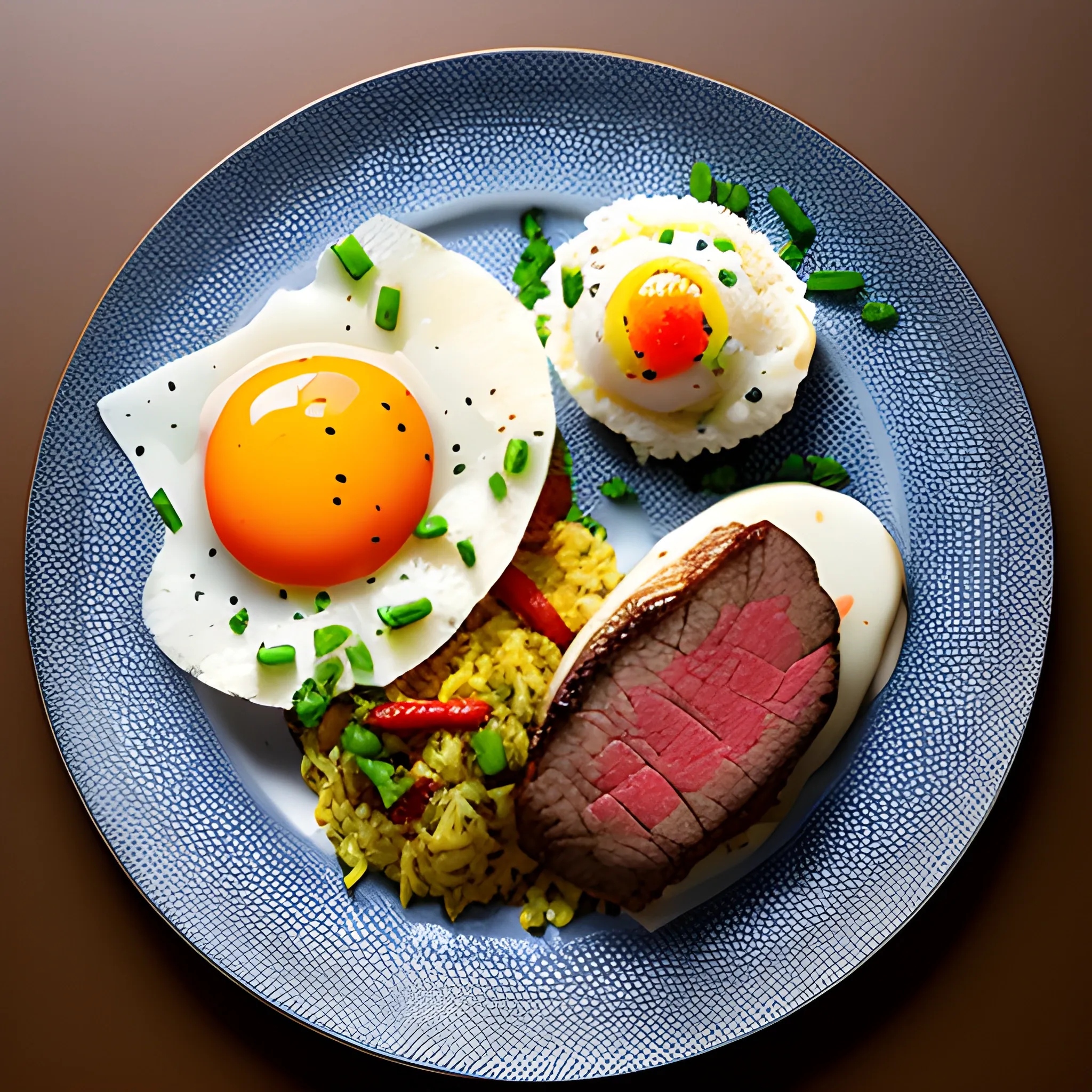 a plate of food, egg fried rice, tenderloin, food photography