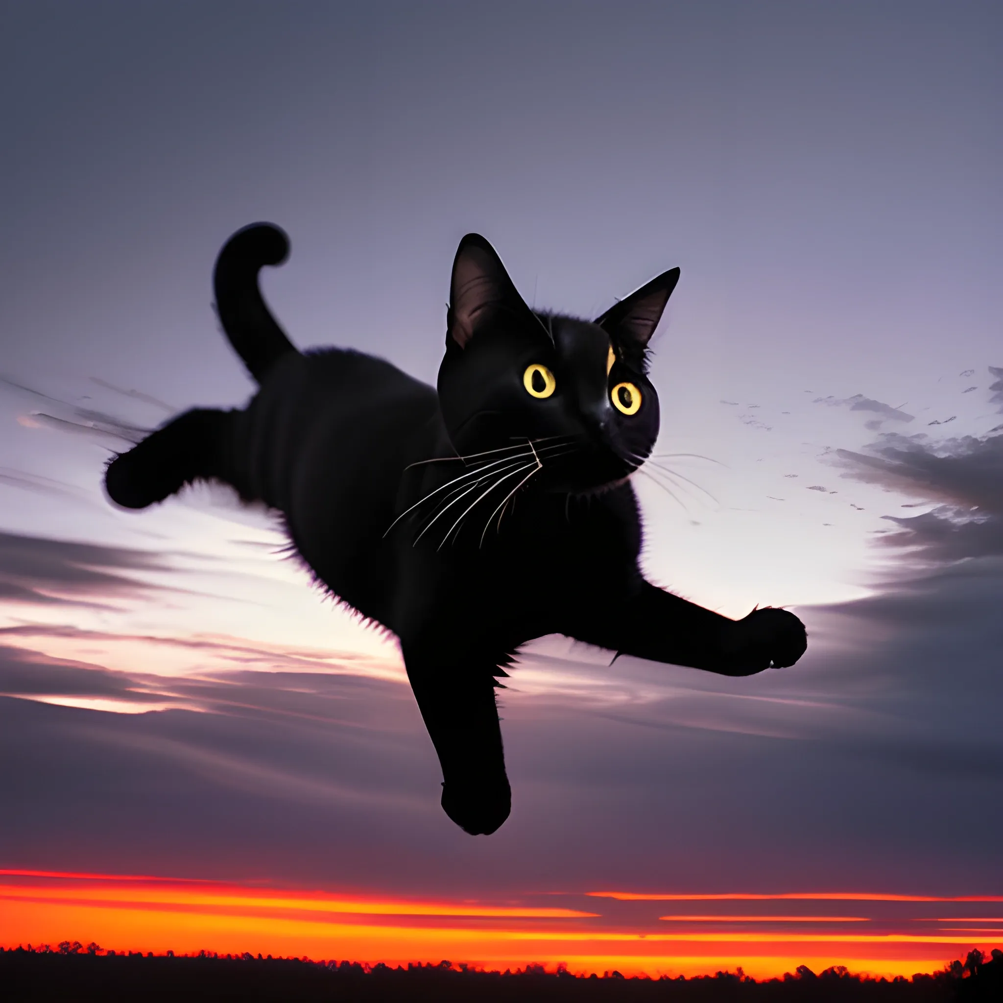 a flying cat, dark sky, sunset