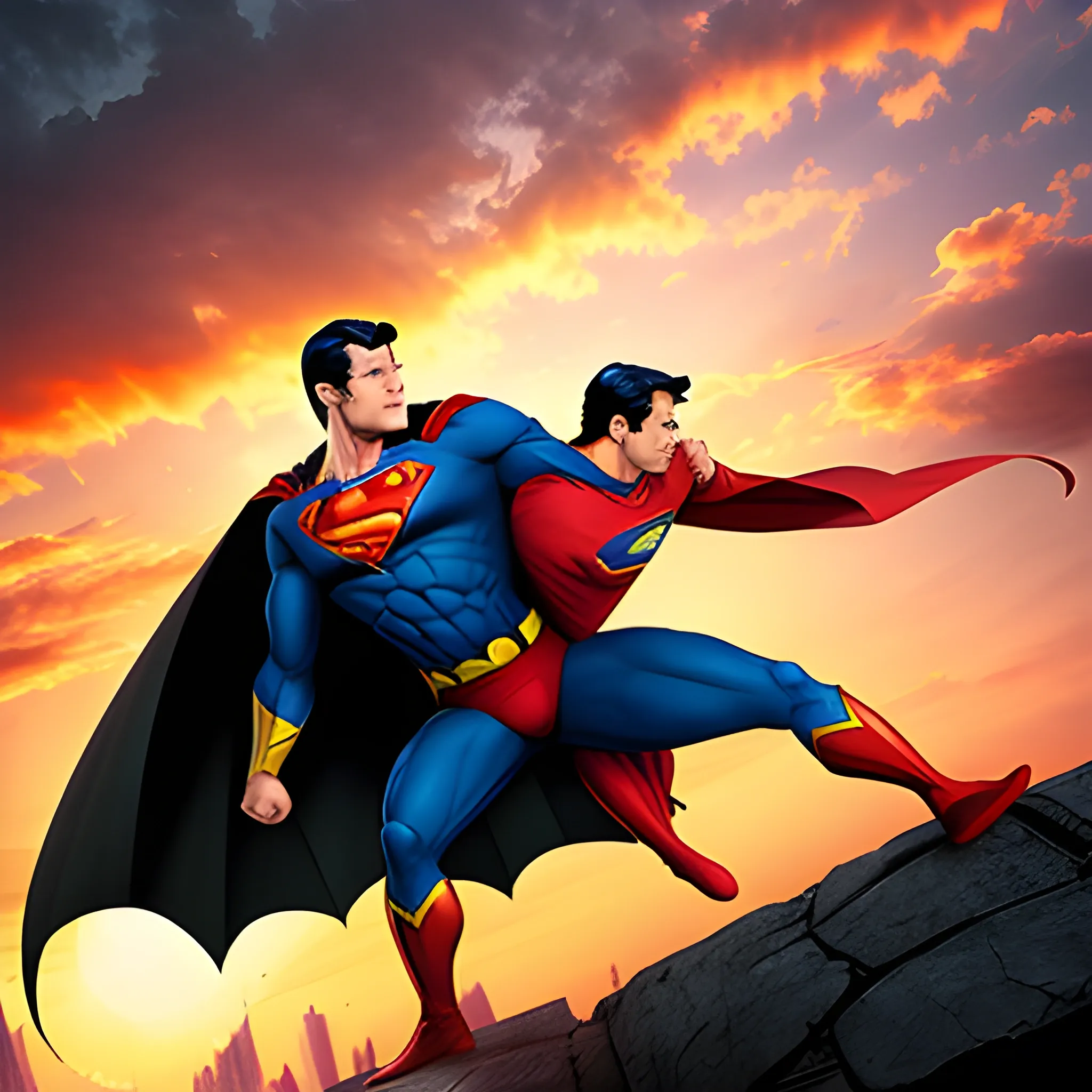 superman fight batman, dark sky, sunset