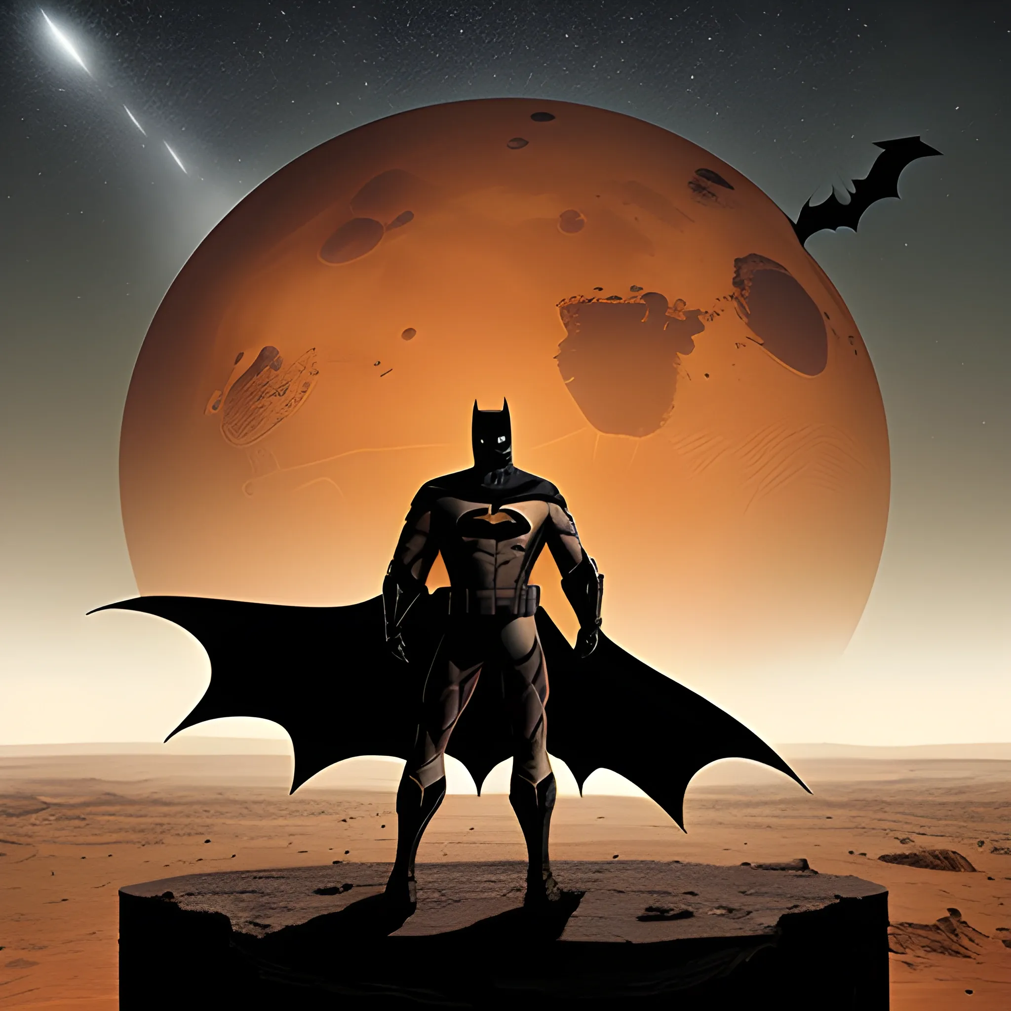 a person stading at mars, looking at batman