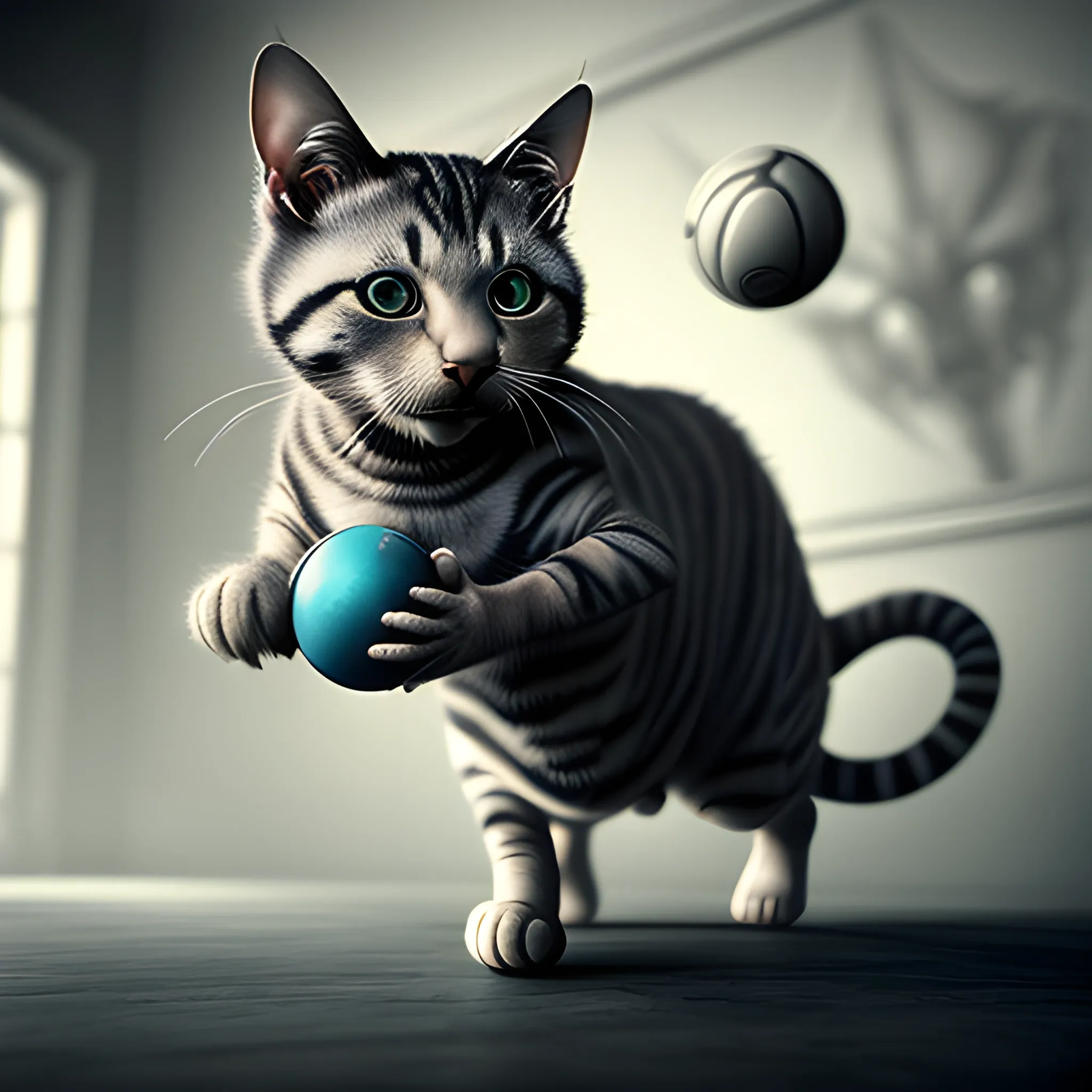 Photorealistic whole body masterpiece of a domestic cat playing with a ball in H.R.Giger style. Cinematic.