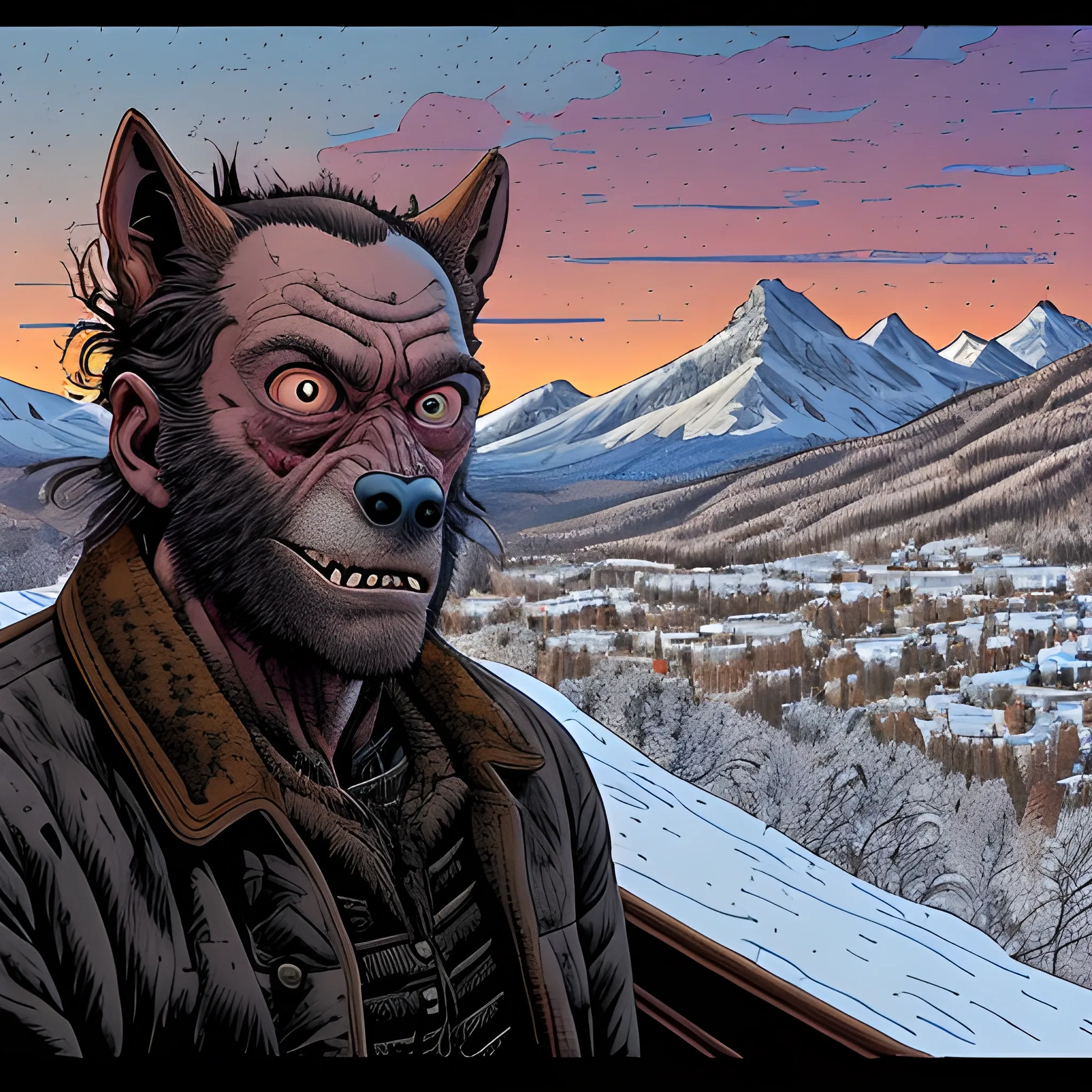 A panorama looking straight at the camera photo of aged half-werewolf half-machine at twilight during winter in the mountains at a Geof Darrow style, in the style of detailism,  (high quality), (detailed), (masterpiece), (best quality), (highres), (extremely detailed), (8k)