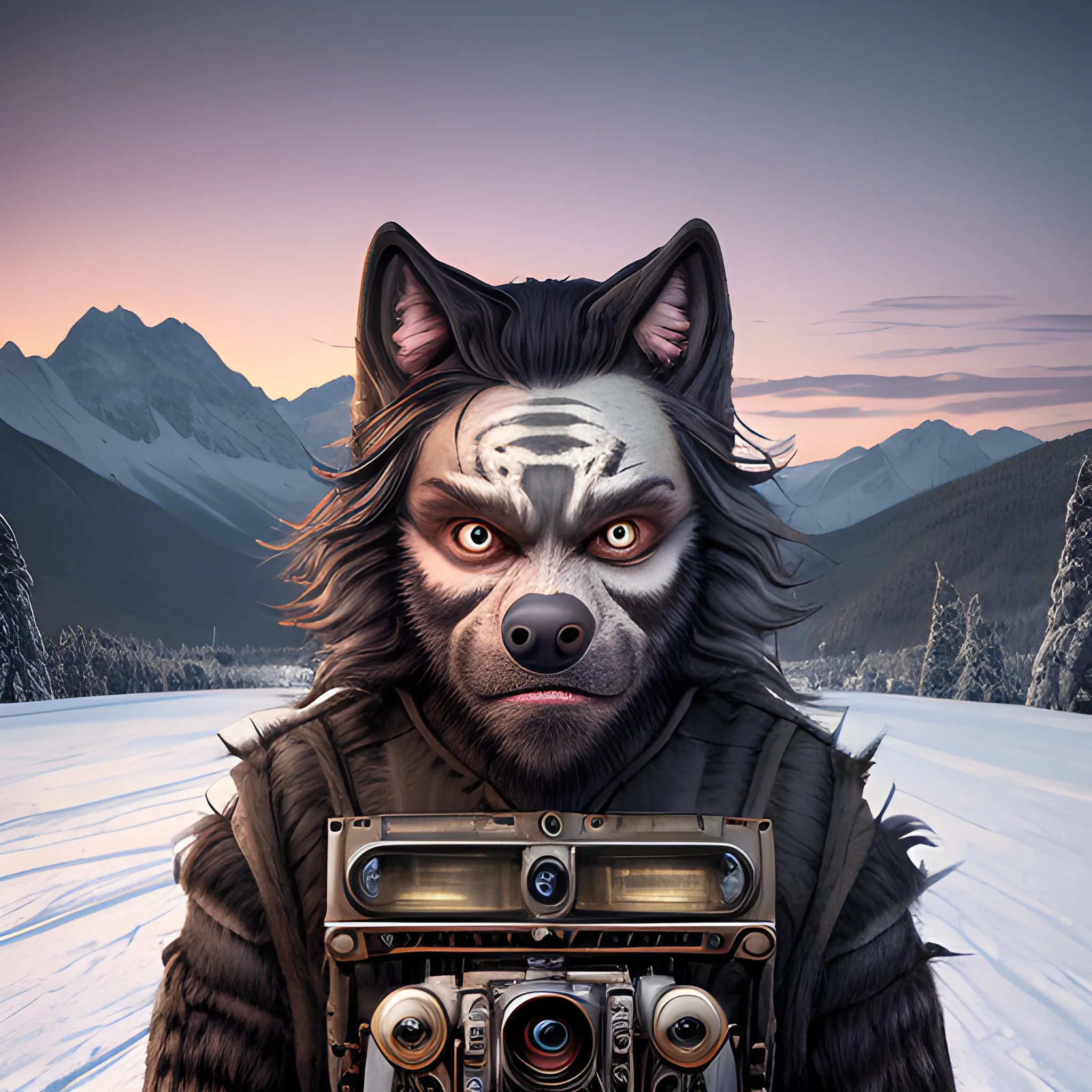 A panorama looking straight at the camera photo of aged half-werewolf half-machine at twilight during winter in the mountains at a Amandine Urruty style, in the style of detailism,  (high quality), (detailed), (masterpiece), (best quality), (highres), (extremely detailed), (8k)