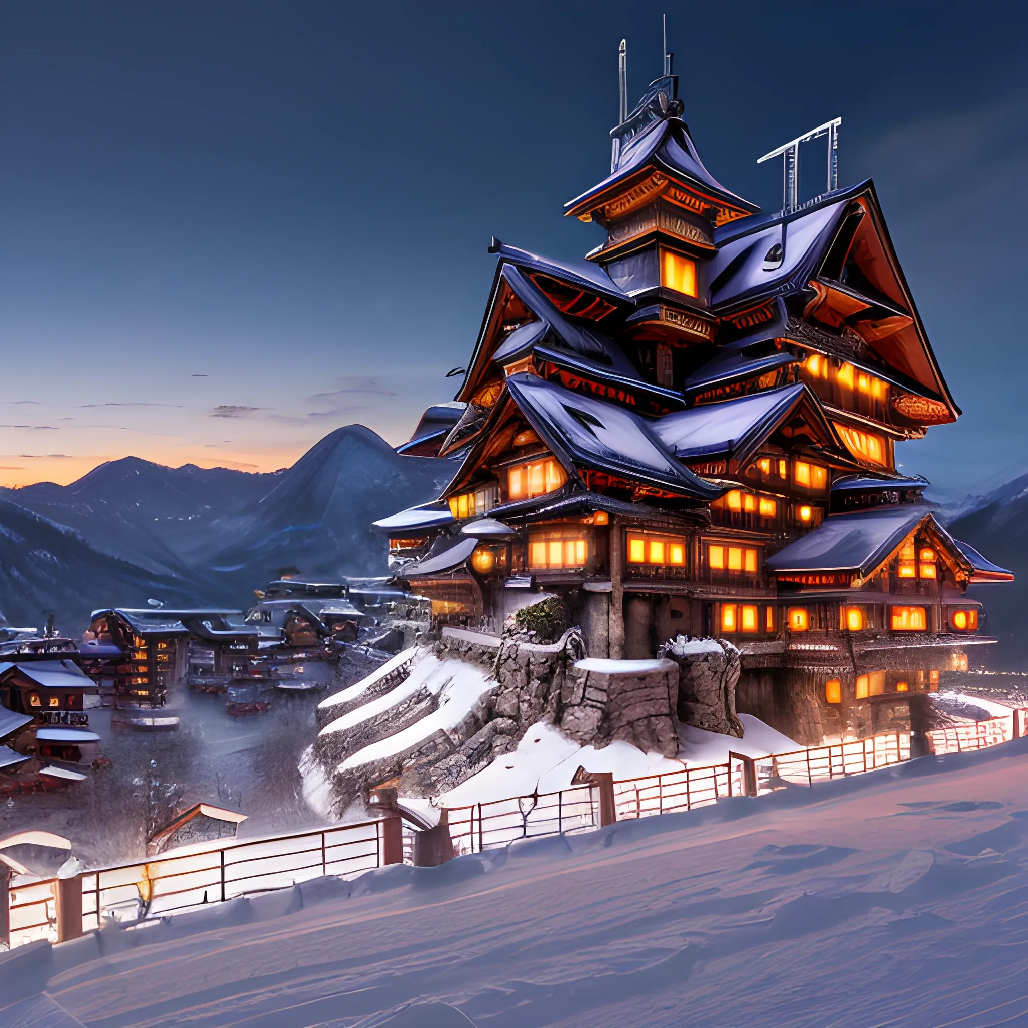 A panorama looking straight at the camera photo of half-vampire half-machine at twilight during winter in the mountain village, Manabu Ikeda style,  masterpiece, best quality, highres, extremely detailed, (8k)