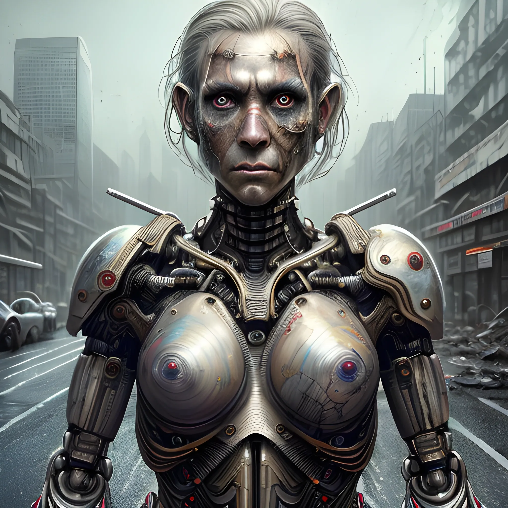 Realistic whole body photo of a prism structured and aged and half-human half-dog warrior-cyborg posing on a wet asphalt in apocalyptic landscape, hyper realistic, sharpen details, detailed skin, red sharpen eyes, cinematic, intricate details, (gorgeous face:1. 2), masterpiece, post-apocalypticpunk, dystopian, microscopic, Manabu Ikeda style, high quality, detailed, masterpiece, best quality, highres, extremely detailed, (8k), (waist up),