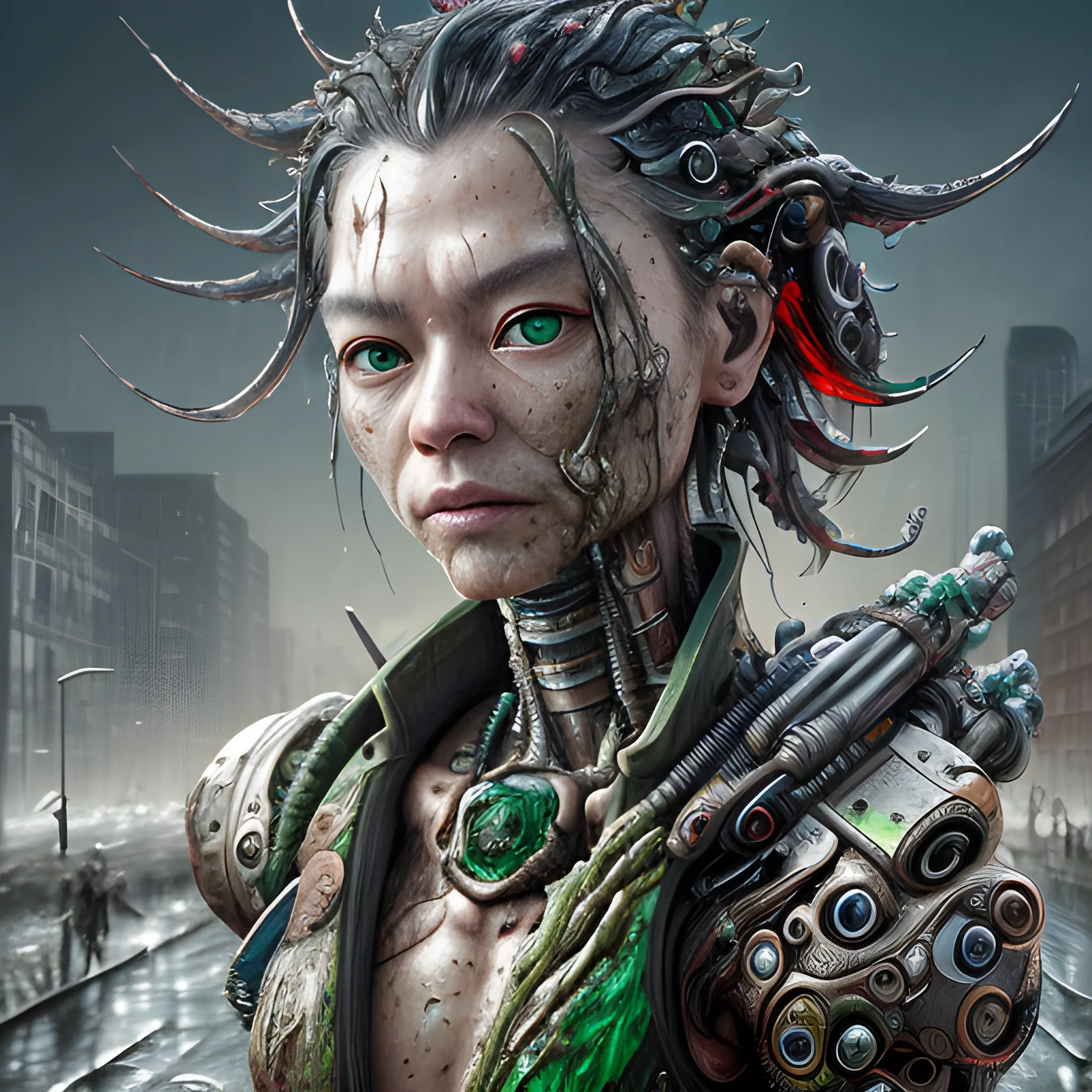 Realistic whole body photo using Manabu ikeda art style of an emerald embedded and aged and half-human half-dog warrior-cyborg posing on a wet asphalt in apocalyptic landscape, hyper realistic, sharpen details, detailed skin, red sharpen eyes, cinematic, intricate details, (gorgeous face:1. 2), masterpiece, post-apocalypticpunk, dystopian, microscopic, high quality, detailed, masterpiece, best quality, highres, extremely detailed, (8k), (waist up),